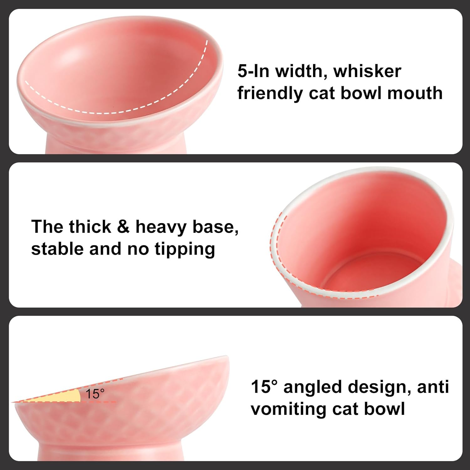 Yauyik Small Raised Cat Bowls, Ceramic Tilted Elevated Food or Water Bowls, Stress Free, Backflow Prevention, Dishwasher & Microwave Safe, Lead & Cadmium Free, Pink - Black,Golden image number 4