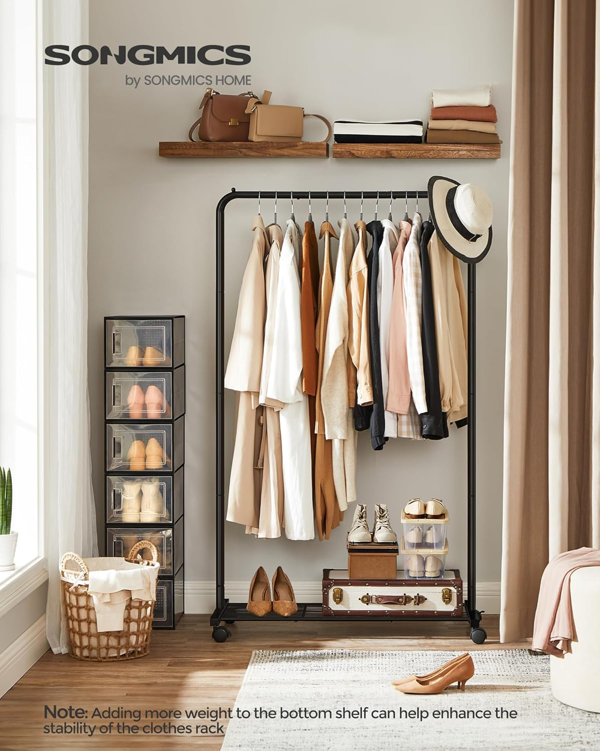 SONGMICS Clothes Rack with Wheels, Metal Clothing Rack for Hanging Clothes, Garment Rack with Mesh Shelf, Rod Holds up to 88 Lb,For Bags, Shoes, Storage Boxes, Black HSR25BK image number 6