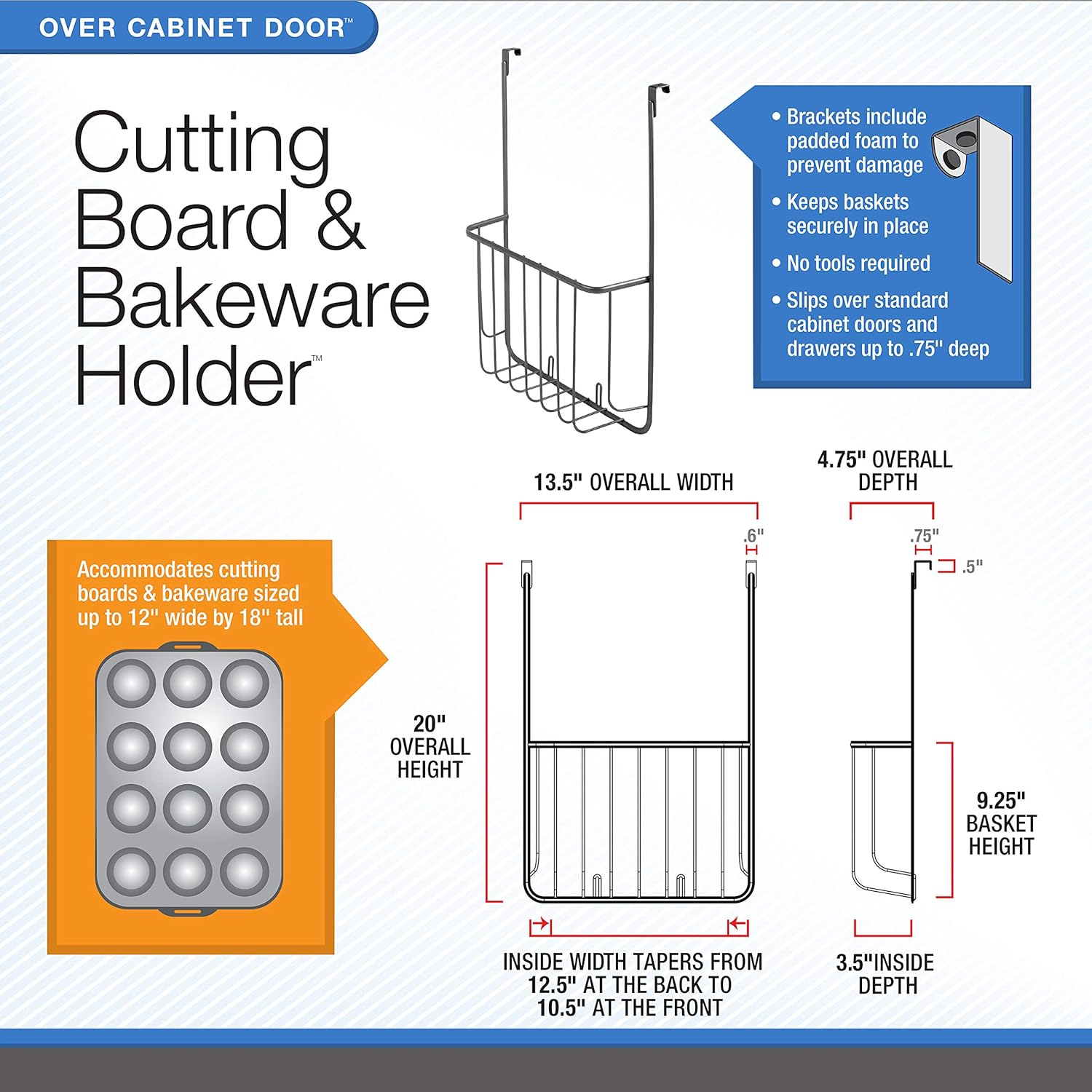 Spectrum Diversified Ashley Cookie Sheet Organizer, Cutting Board Holder, Bakeware Organizer, over the Cabinet Door, Bronze image number 2
