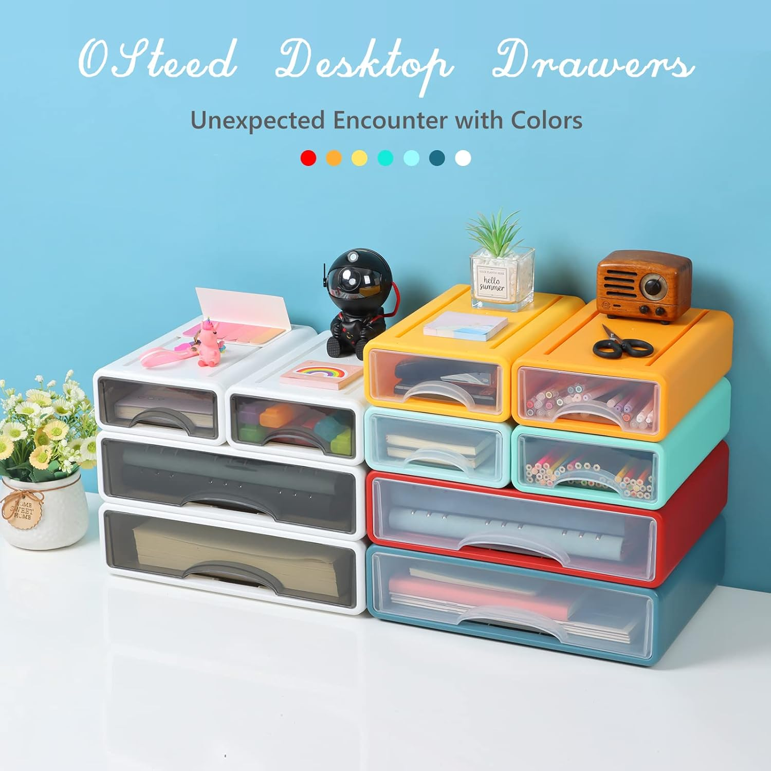 Osteed Blue Desktop Drawer for Paper, Stackable Office Storage Drawer for Desk, Craft Organizer and Storage Bin, Large Storage Container with Plastic Drawer for Office Supplies Desk Accessories - 2 Small Drawers, Yellow  Orange image number 4
