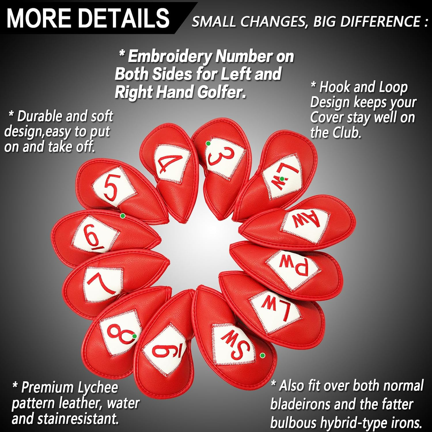 Golf Head Covers Iron Set 12 Piece 3 4 5 6 7 8 9 Lw Pw Sw Aw for Both Left and Right Handed, Leather Irons Club Headcovers Deluxe Color Black Blue Red Universal Fit All Brands - 1 Side-Purple image number 6