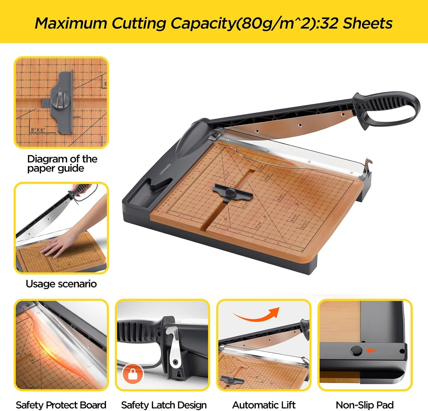 12'' Wood Guillotine Paper Cutter, Heavy Duty Wood Base Paper Trimmer with 32 Sheets Capacity Paper Cutting Board for Classroom, Crafting, Cardstock, Art Projects image number 3