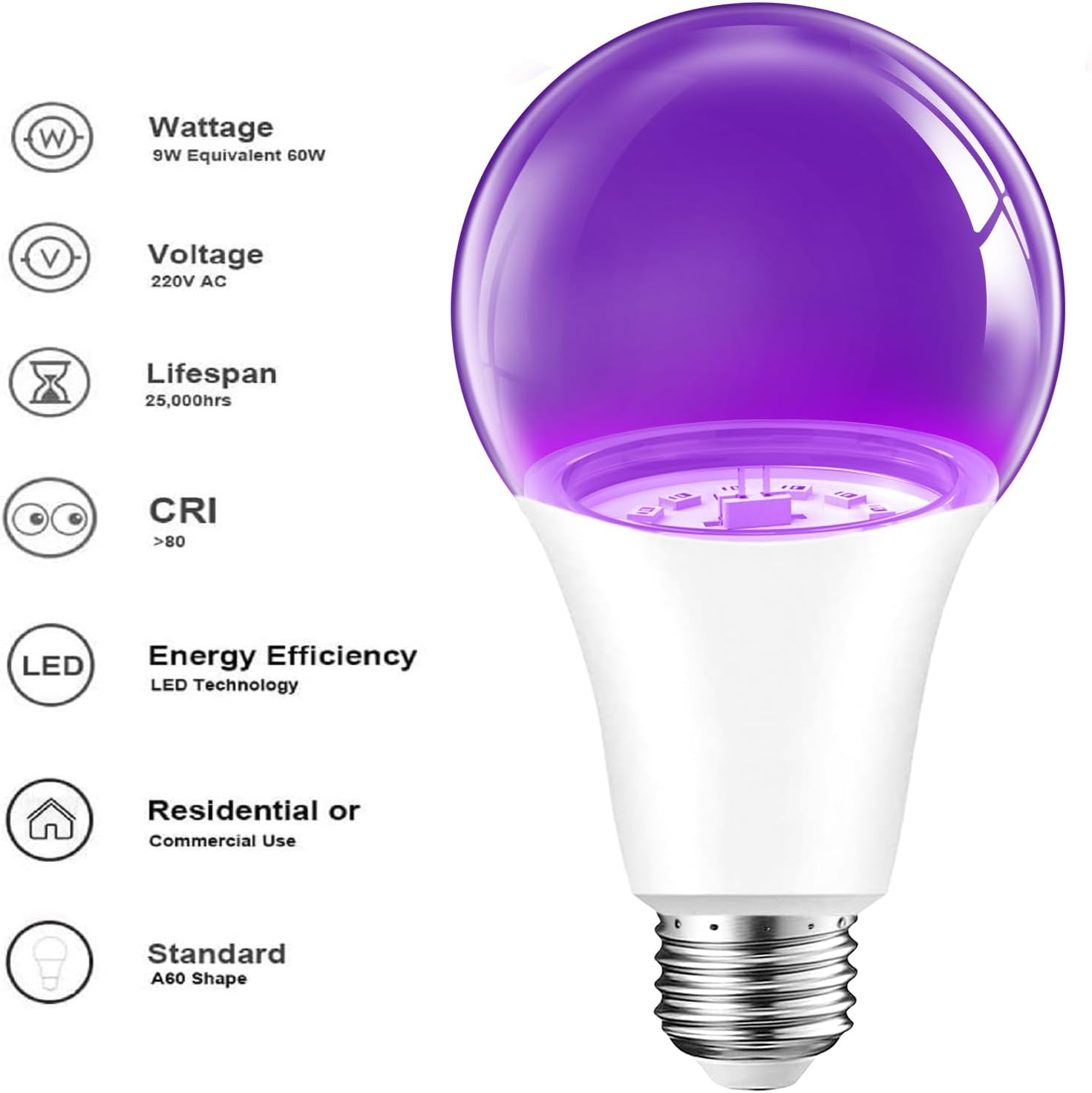 WTL UV Light Bulbs, A60 9W E27 Black Light Bulb (Equivalent 60Watt) 380-400Nm Wavelength, UV Black Light Bulbs Glow in the Dark for Home Party Halloween Stage DJ Disco Lighting (2 Pack) image number 1