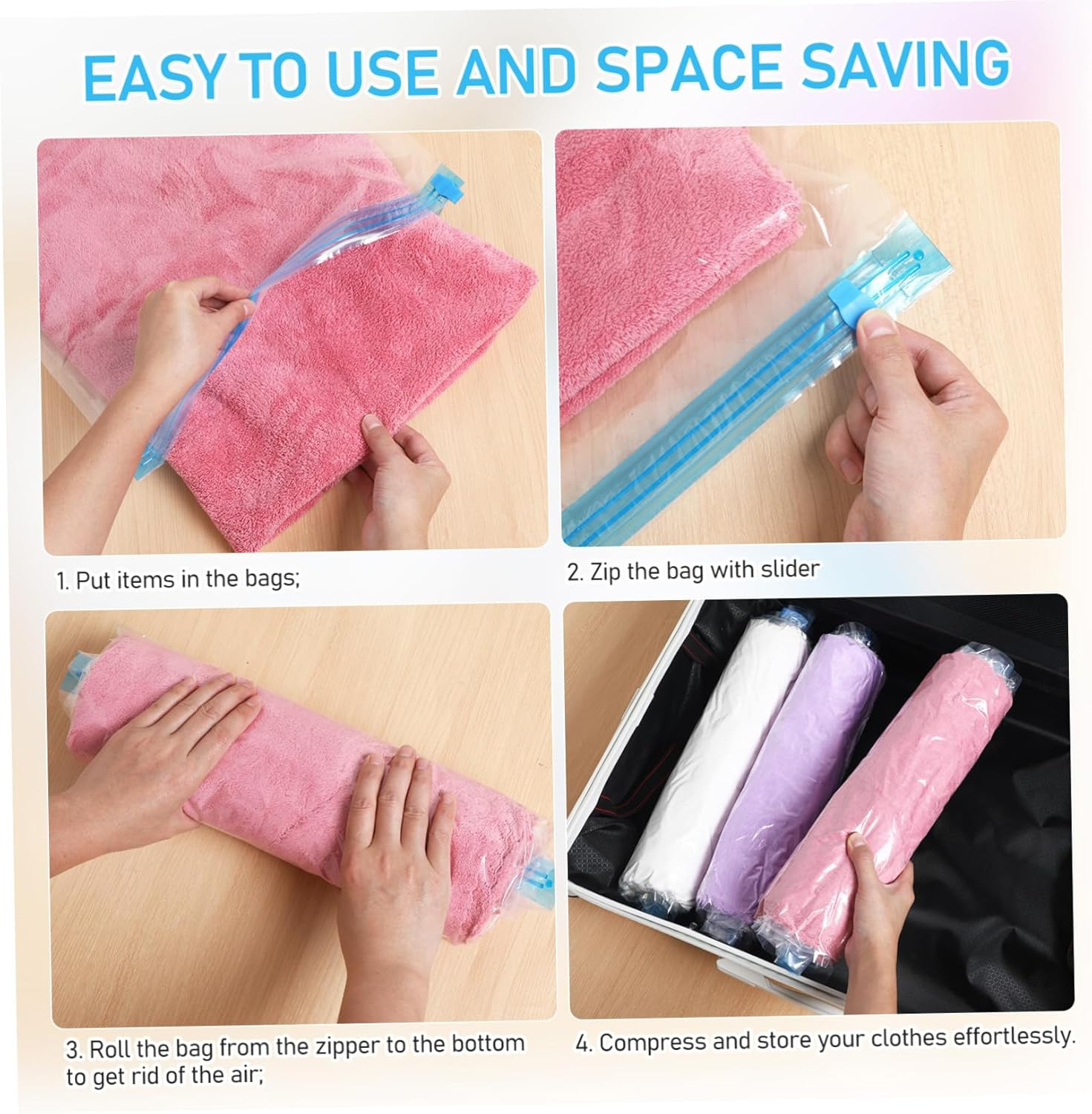 Hohopeti 12Pcs Travel Compression Bags Vacuum Storage Bags Double-Sided Sealing Space Saver Thick Design Travel Essentials image number 4