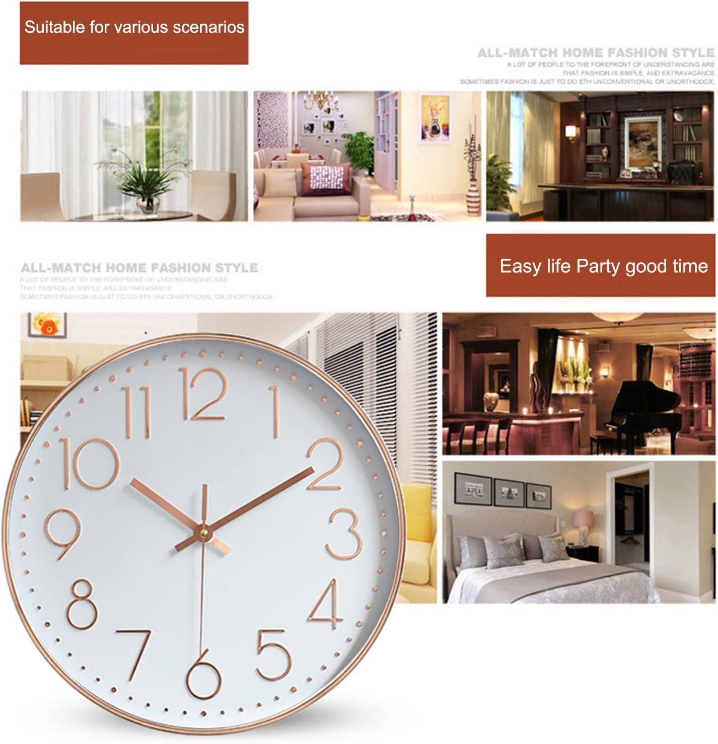 Kiamnitau Home Office Battery Operated Wall Clock Silent Non Ticking 12 Inch Living Room Bedroom Quartz round Clock (Black) WC001 - White image number 4