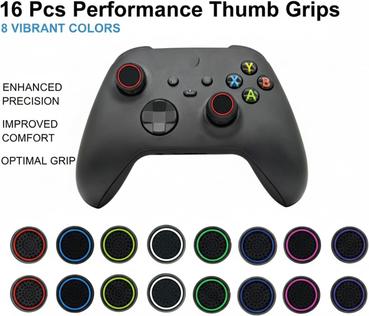 16 Pcs Silicone Thumb Grips, Performance Joystick Caps, Controller Thumbstick Cover Replacement for Game Controllers with Ps5 & Ps4, Xbox, Steam Deck Etc（8-Color）