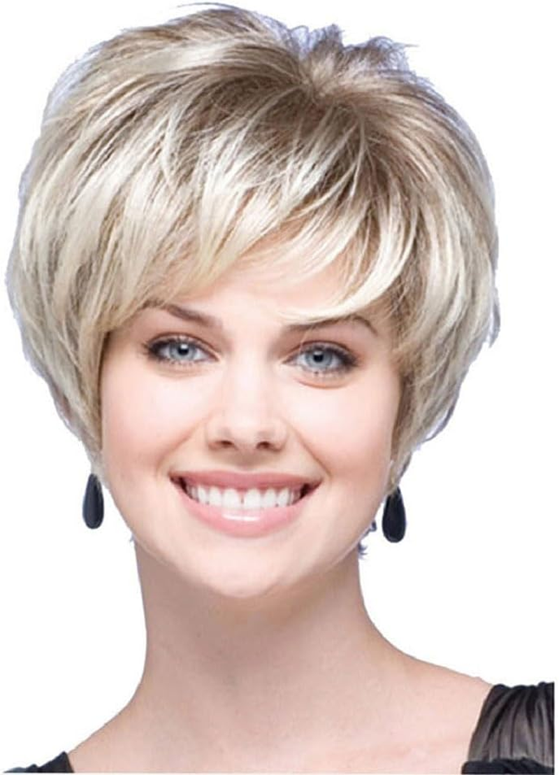 AUBWIG Brown Mixed Light Blonde Pixie Cut Short Wigs for Women Short Stylish Fluffy Tiered Wig with Fringe Short Bob Synthetic Wigs (Brown Mixed Light Blonde) image number 1