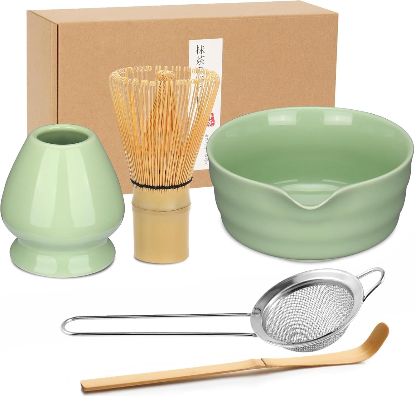 Matcha Whisk Set, Japanese Tea Set Includes Matcha Bowl with Spout, Matcha Whisk Holder, Bamboo Matcha Whisk and Bamboo Scoop, Ceramic Matcha Kit for Tea Lovers ﻿ (Green -4Pcs)