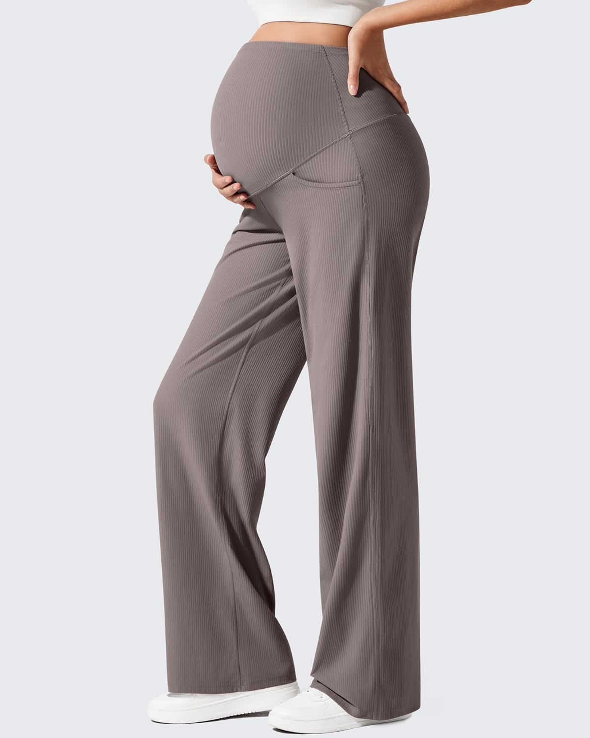 G4Free Ribbed Maternity Yoga Pants with Pockets over the Belly Wide Leg Casual Pregnancy Lounge Trousers image number 5
