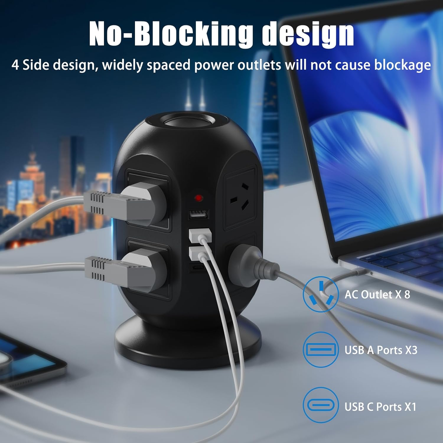 HITRENDS Tower Power Board with USB C, Surge Protection Powerboard with 8 AC Outlets & 4 USB(3 USB-A & 1 Type-C), Power Strip with 2M/6.5FT Extension Cord and Switch for Office Home