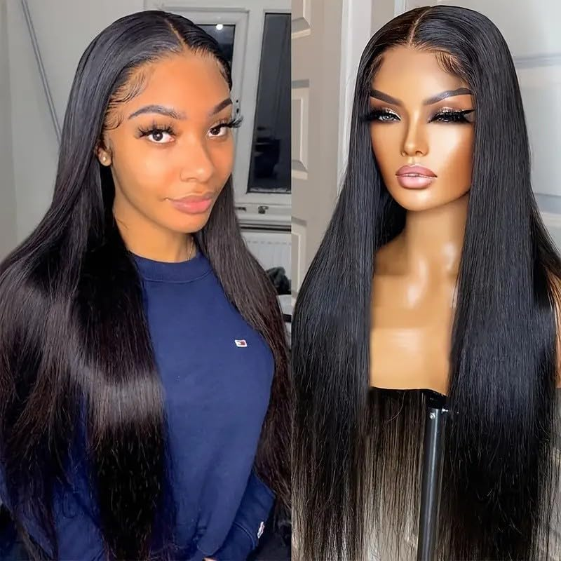 Lace Frontal Wigs Glueless Long Silky Straight Narutal Black Ready to Go Wig Precut Lace Pre-Plucked Middle Part 14 Inch (Black, 14 Inch) image number 2