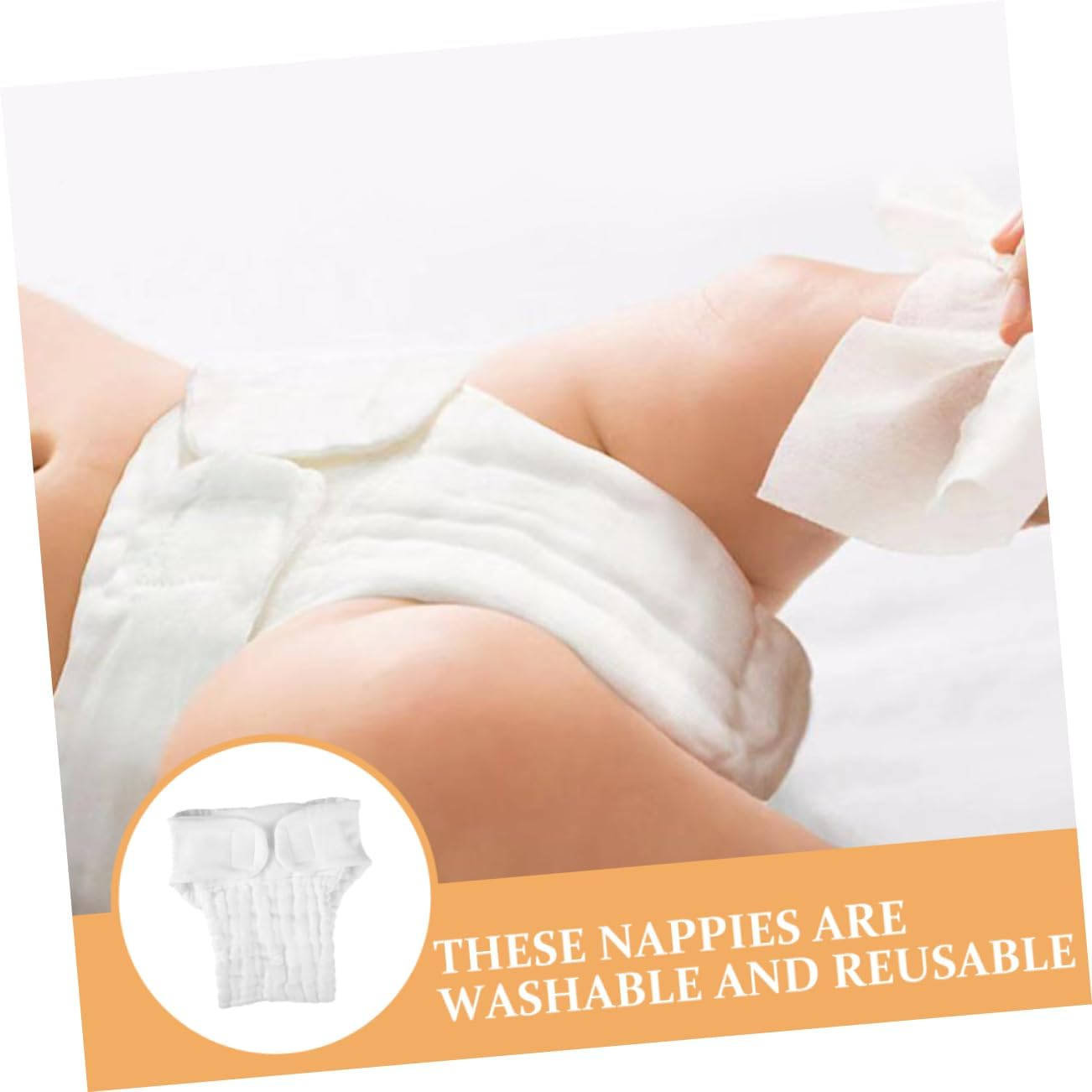 Reusable Infant Diapers and Cotton Diaper Liners for Newborns, Breathable Waterproof Cloth Nappy Insert, White Size S for 0-3 Months Babies under 5Kg, 5Pcs Set image number 4