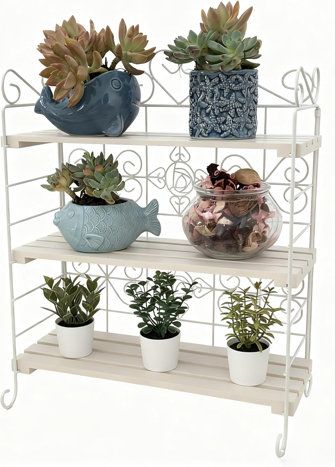 Celsaovo Decorative Plant Shelves & Countertop Storage Rack &ndash; White Metal & Wood, Space-Saving Freestanding Rack, Easy Tool-Free Setup for Kitchen, Plants & Spices