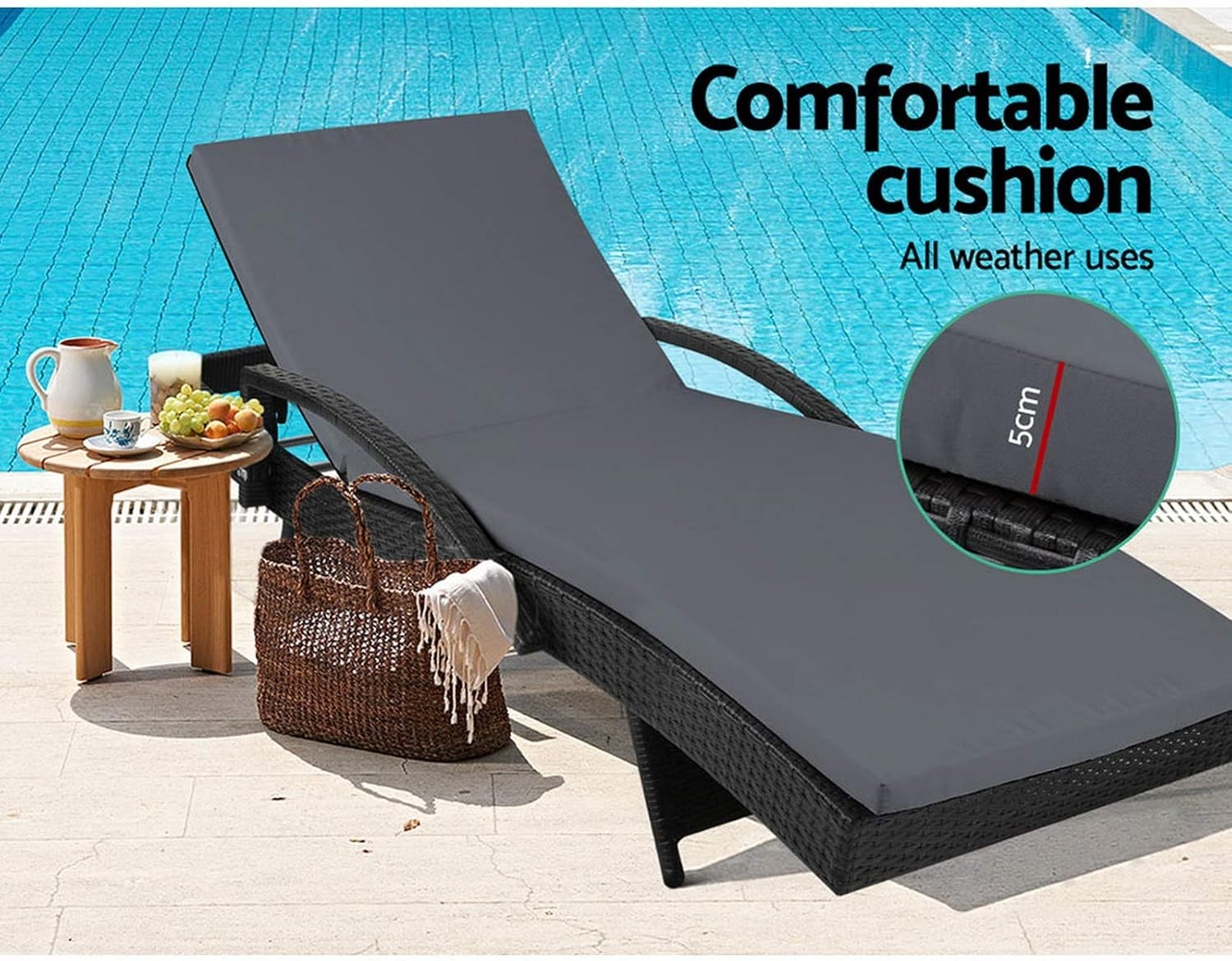 Gardeon Set 2 Sun Lounge Camping Chair Wicker Lounger Rattan Day Bed, Chaise Beach Chairs Outdoor Furniture Garden Patio Setting Pool Backyard, Cushion Armrest Adjustable Backrest Black image number 5