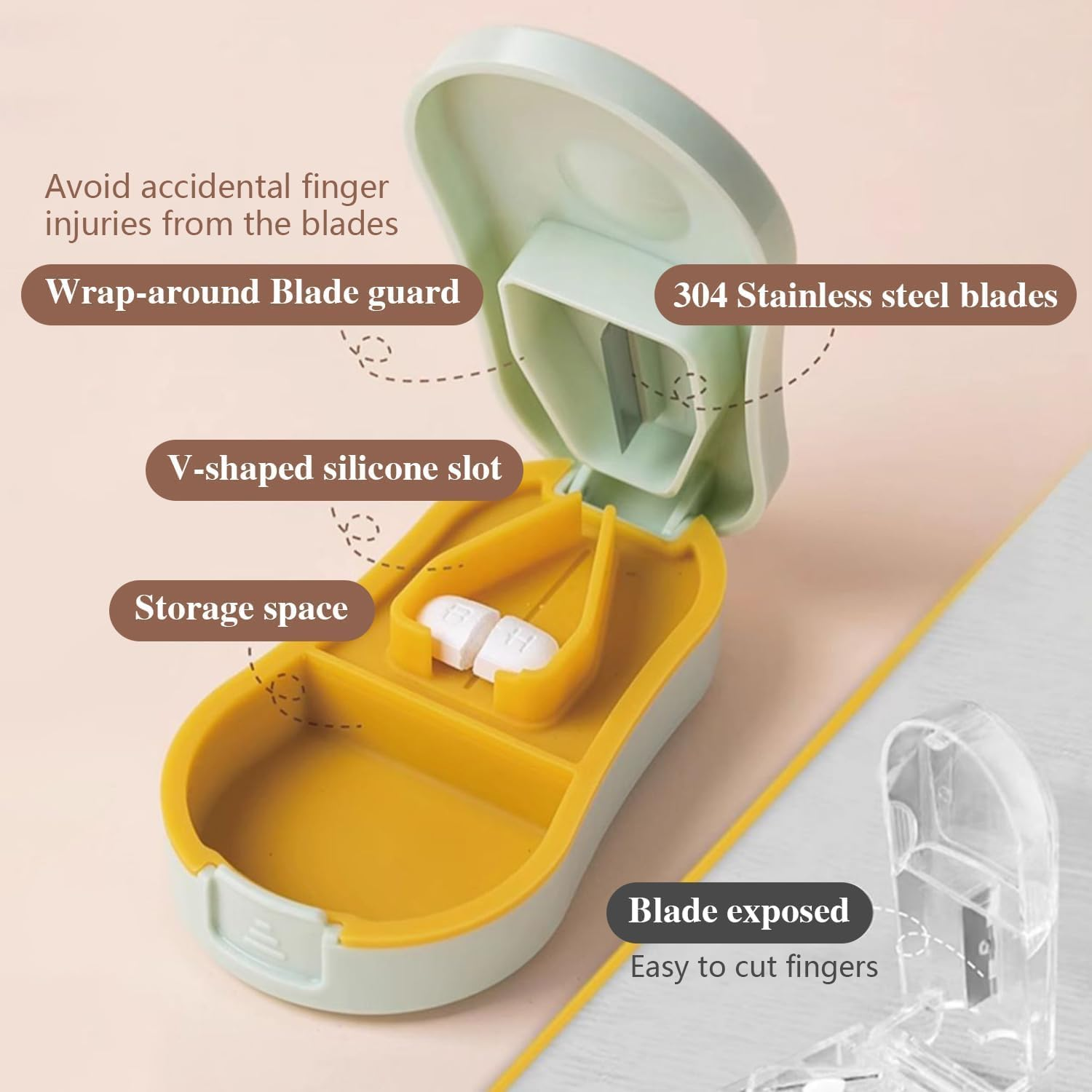 Pill Cutter Splitter for Small and Tiny Pills - Pill Cutter 1/4 - Accurately Cuts Multiple Pills - Easy Open Snap Button. Detachable Nonslip V-Shaped Pad. Wrap-Around Blade Guard. Back Storage (Cyan) image number 3