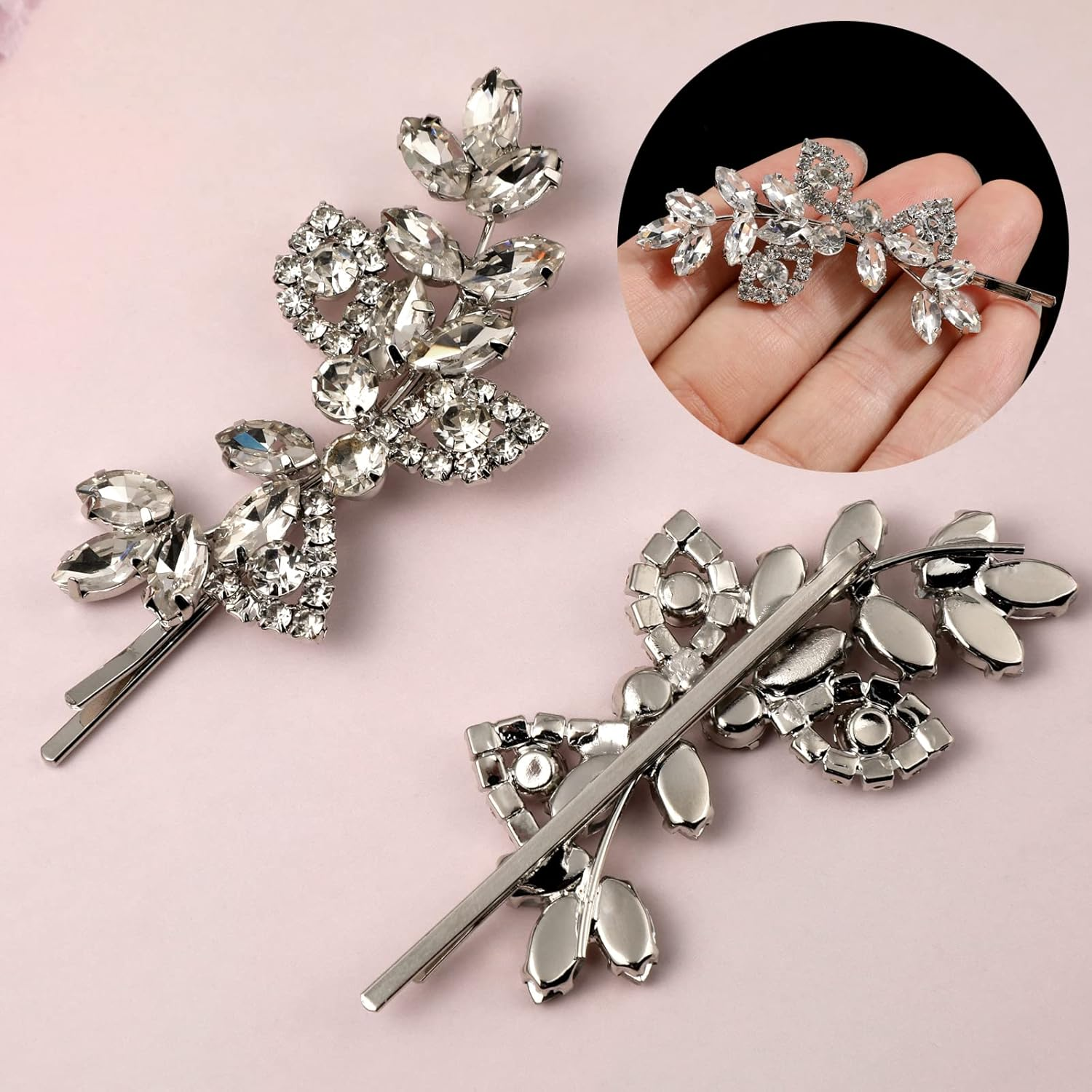 JSRQT Silver Crystal Rhinestone Hair Clips, Wedding Leaf Crystal Hair Pins, Bridal Headpiece Hair Accessories for Women and Girls Pack of 2 image number 1