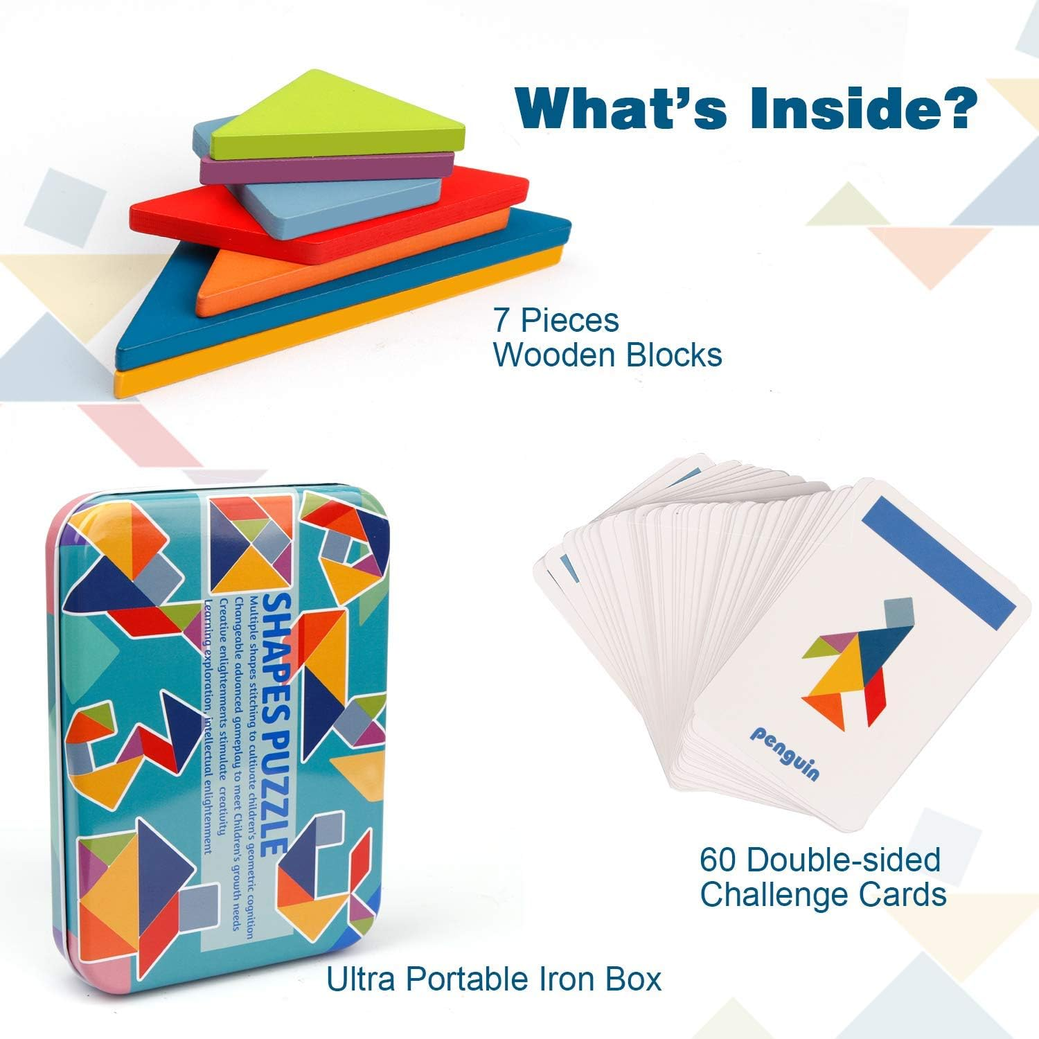 Vanmor Wooden Tangrams Sets Pattern Blocks, Shape Card Brain Teaser Puzzles Educational Toy, Travel Games for Kids Ages 4-8 Road Trip Essentials image number 4