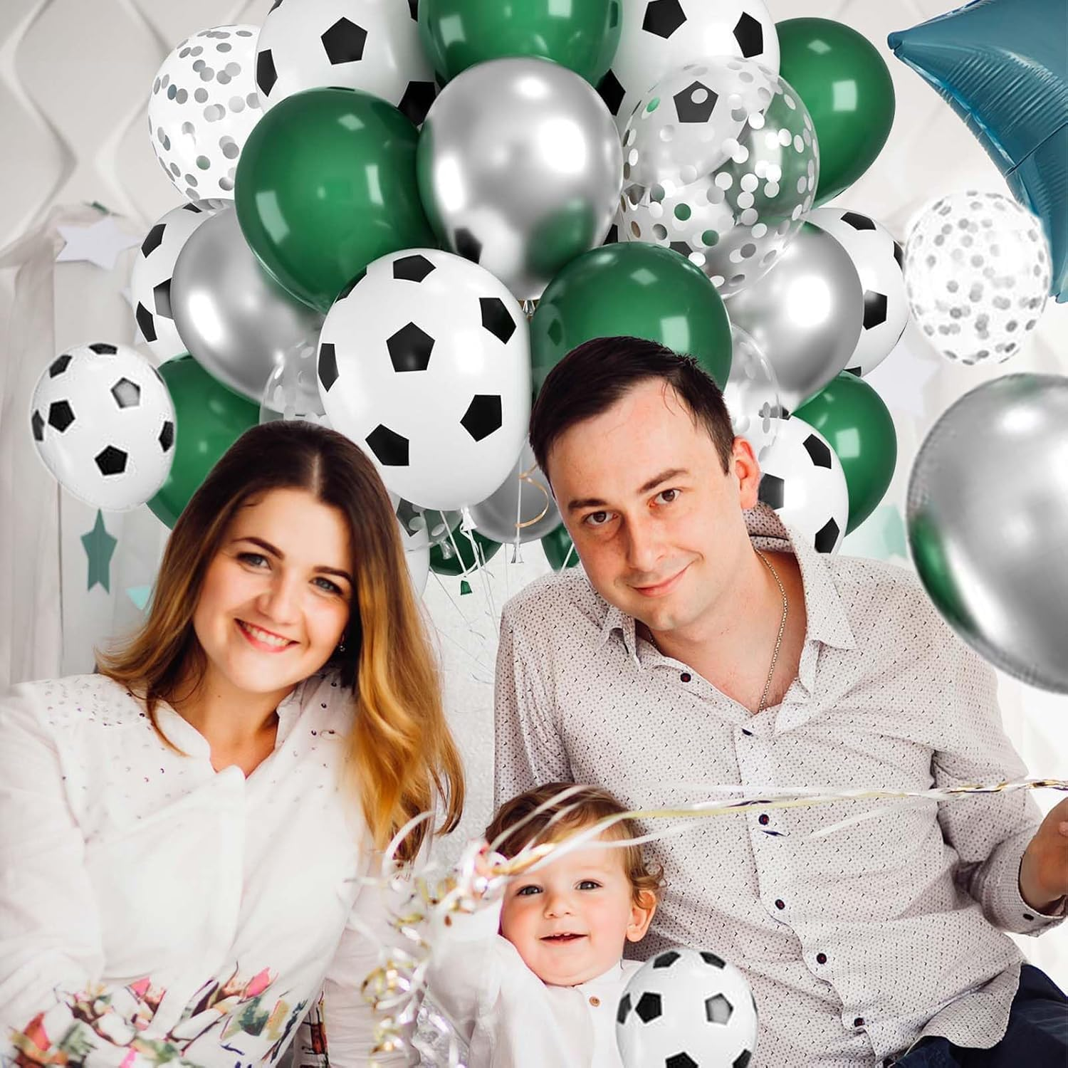 Football Balloons, 12 Inch Soccer Balloons Green Black White Latex Balloons Soccer Printed Balloons with Ribbons for Boys Football Soccer Party Sports Anniversary Baby Shower Decorations image number 1