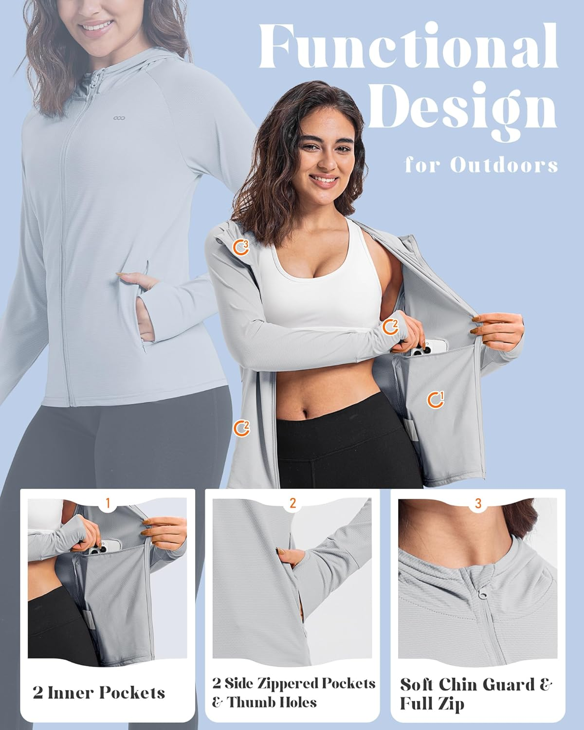 33,000Ft Women'S UPF 50+ Hoodie Jacket Lightweight Long Sleeve Sun Protection Shirt Full Zip up Breathable Sportwear with Thumb Holes for Hiking Running Outdoor image number 6