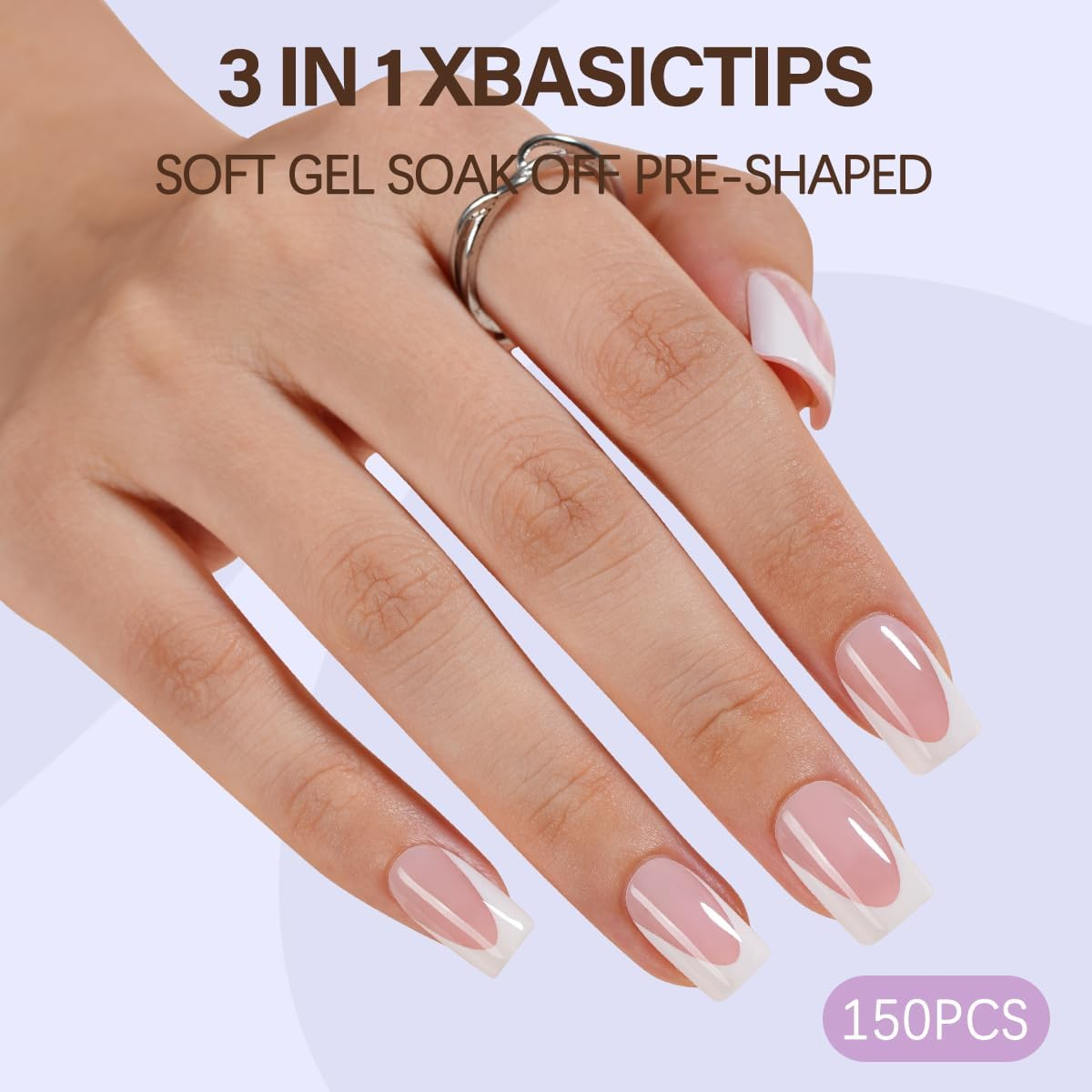 MISSSIX Xbasictips Deep French Gel Tips, 150 Pcs Soft French Gel Tips for False Nails, Premolded Square Short False Nails, No Nail File Needed image number 3