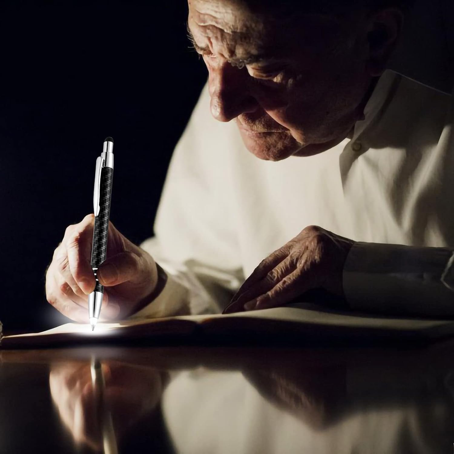 Lighted Tip Pen with Stylus 3-In-1 - LED Penlight Ballpoint Pen with Light for Writing in the Dark - Pack of 3 - White Light - GL006 - White image number 6