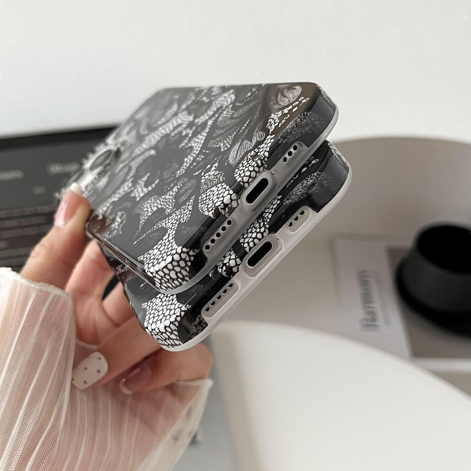 Smobea Iphone 14 Case, Black Lace Vintage Pattern Soft and Thin Shockproof TPU for Women and Girls - Black image number 5