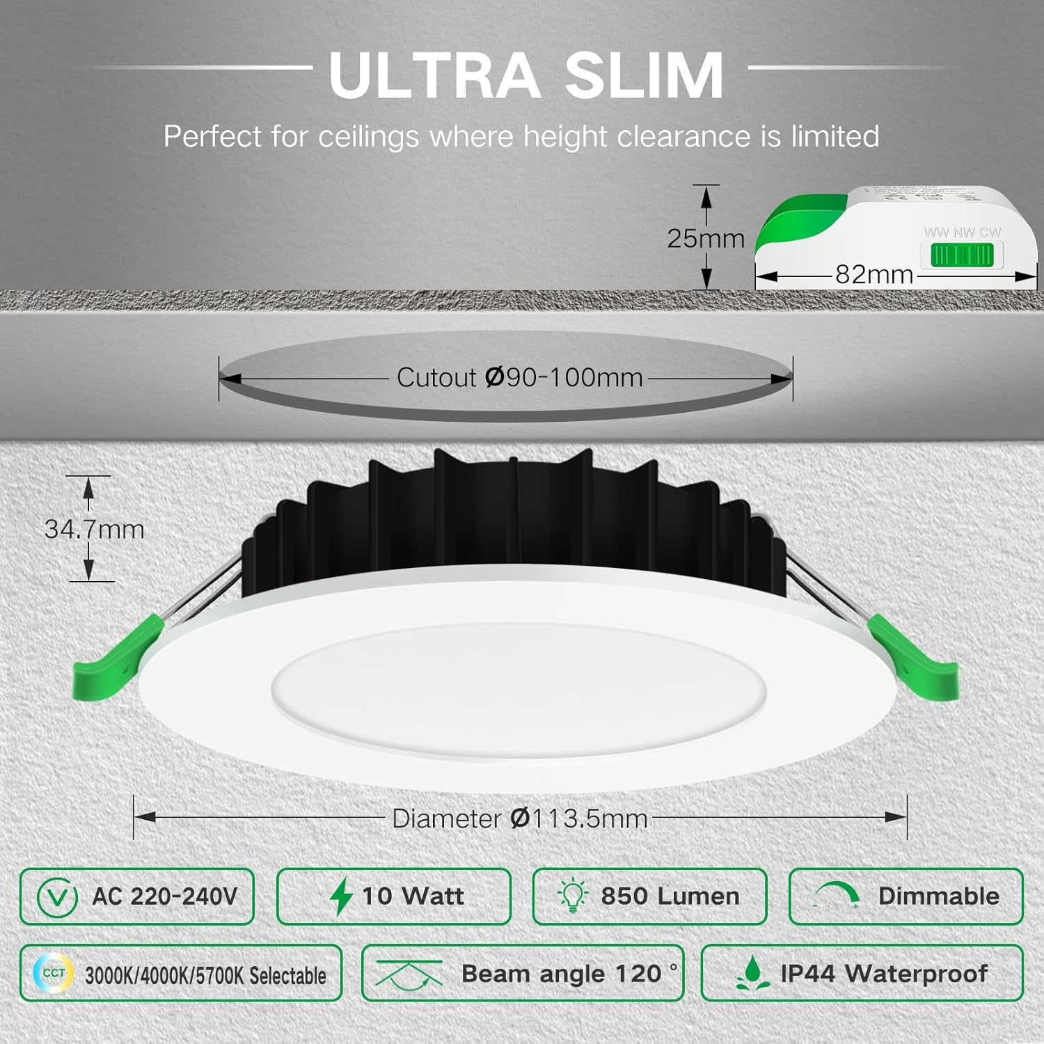 ALUSSO LED Recessed Ceiling Spotlights 12W Ultra Slim CCT Downlights Dimmable IP44, 3 Lighting Colors Adjustable 3000K 4000K 5700K,Cutout 90-100Mm,White,Pack of 10,AUS Plug image number 1