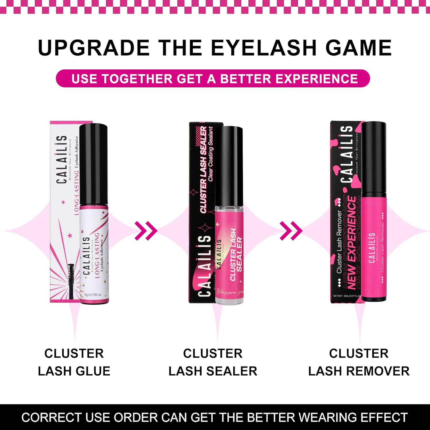 CALAILIS Cluster Lash Glue Lash Sealer and Lash Remover Kit, Super Strong Hold and Long Lasting 72 Hours Lash Bond and Seal Quick Gentle Clean Non-Irritating Lash Extension Remover image number 6
