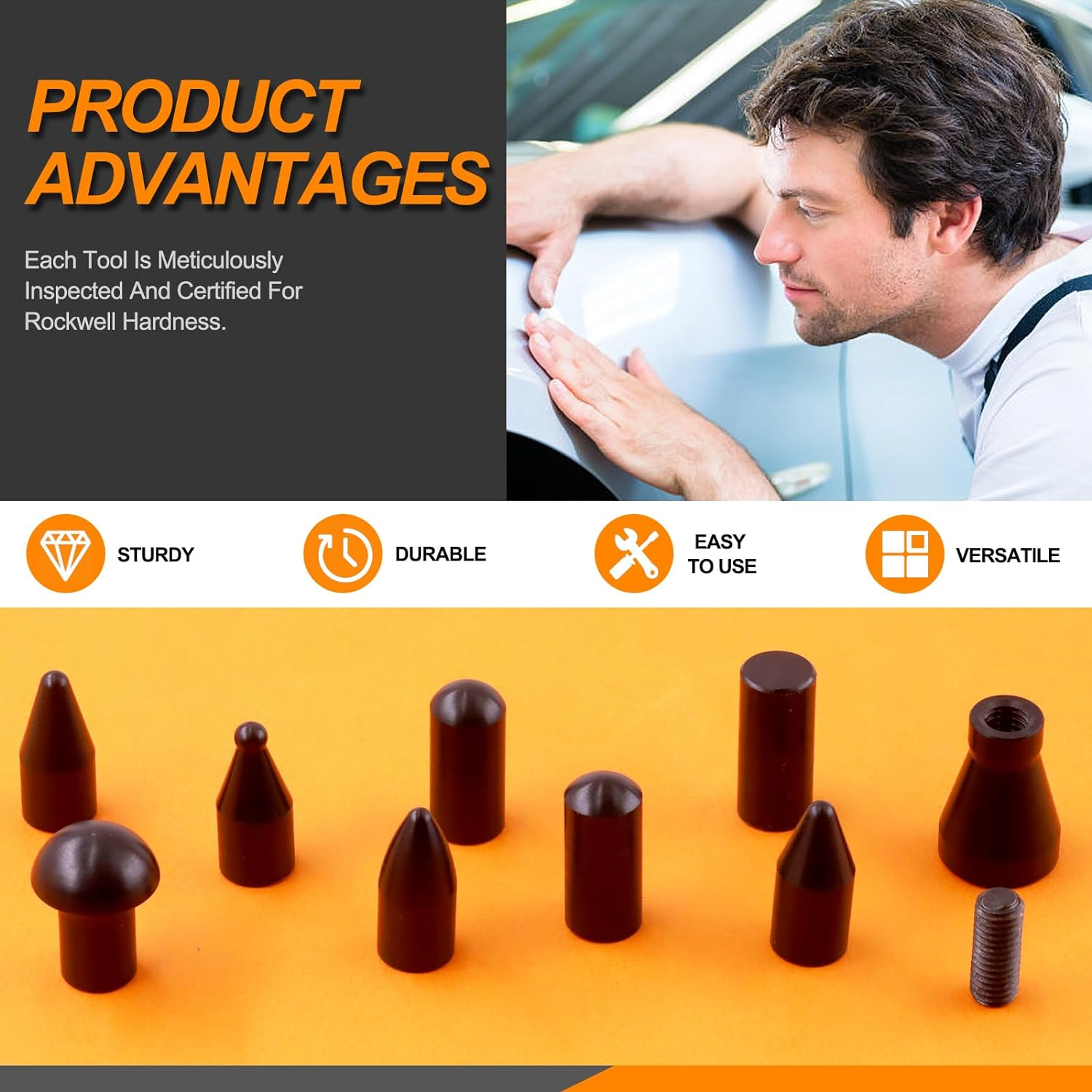 12Pcs Car Dent Repair Tools Kit Includes Paintless Dent Removal Tap down Tool, Rubber Hammer, 9 Different Shaped Heads and Screw Component Dent Puller Kit for Cars Auto DIY Dent Repair image number 3