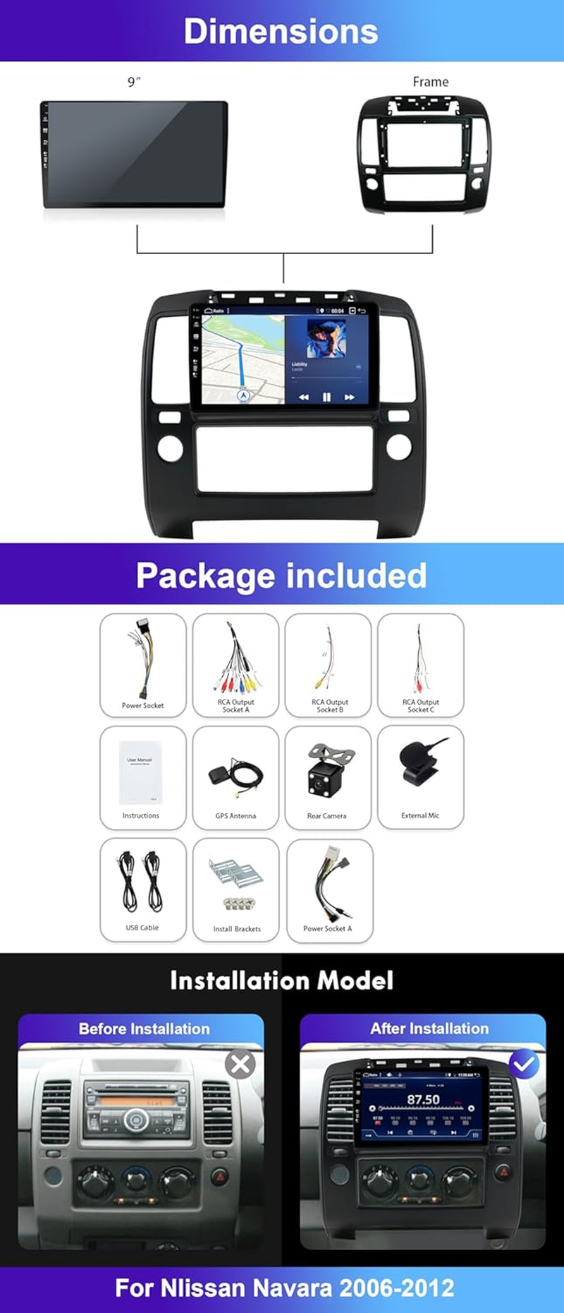 MISONDA 6GB+128GB Car Stereo GPS Navigation for Nissan Navara D40 2006-2012 Android 14 Carplay Android Auto DSP DAB Wifi SWC FM AM EQ USB AUX Support 360 Camera image number 1