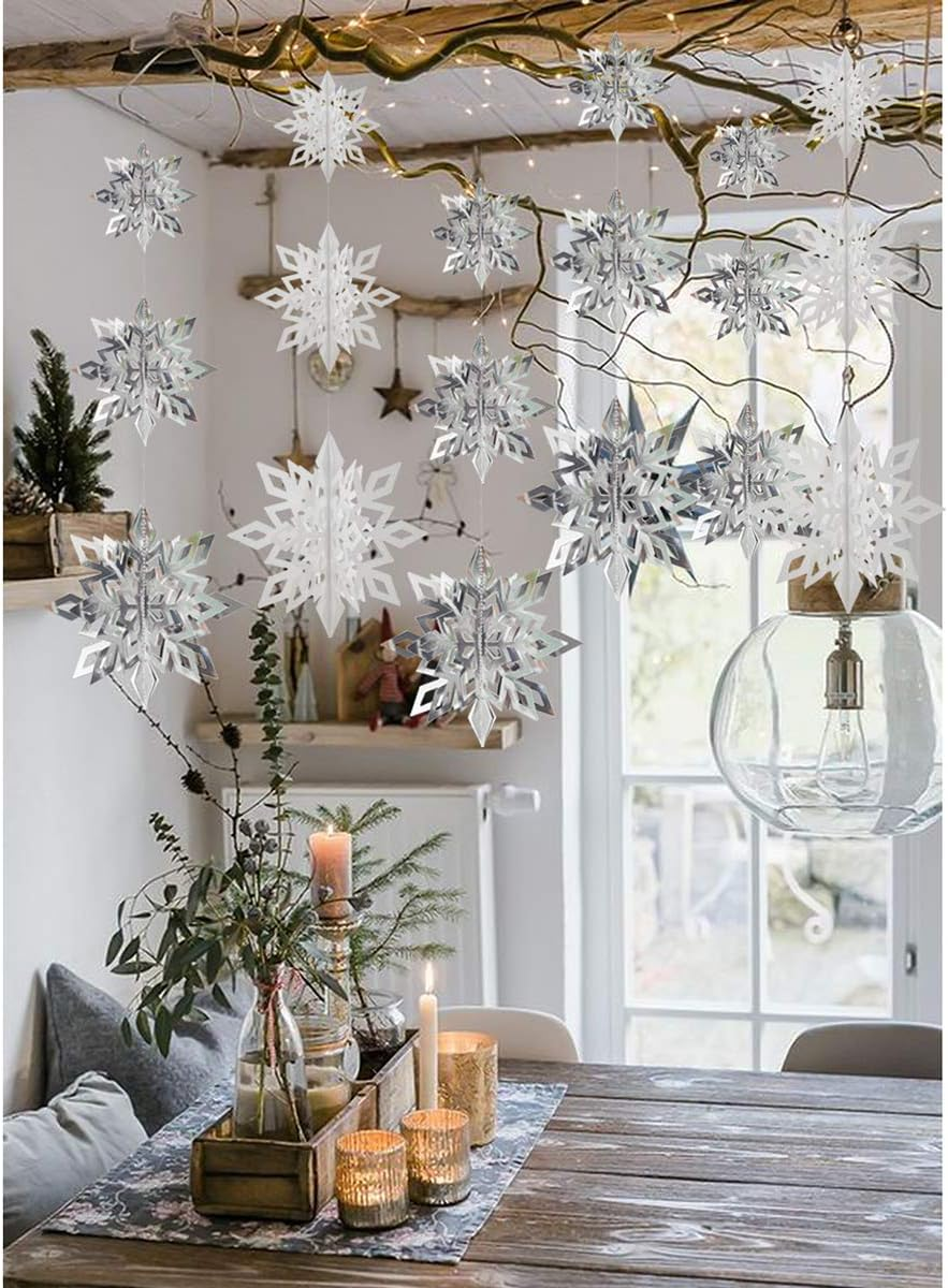 Crafare Christmas Hanging Snowflake Decorations 18PCS 3D White Silver Snowflakes Hanging Garland for Christmas Winter Wonderland Holiday New Year Party Home Decoration