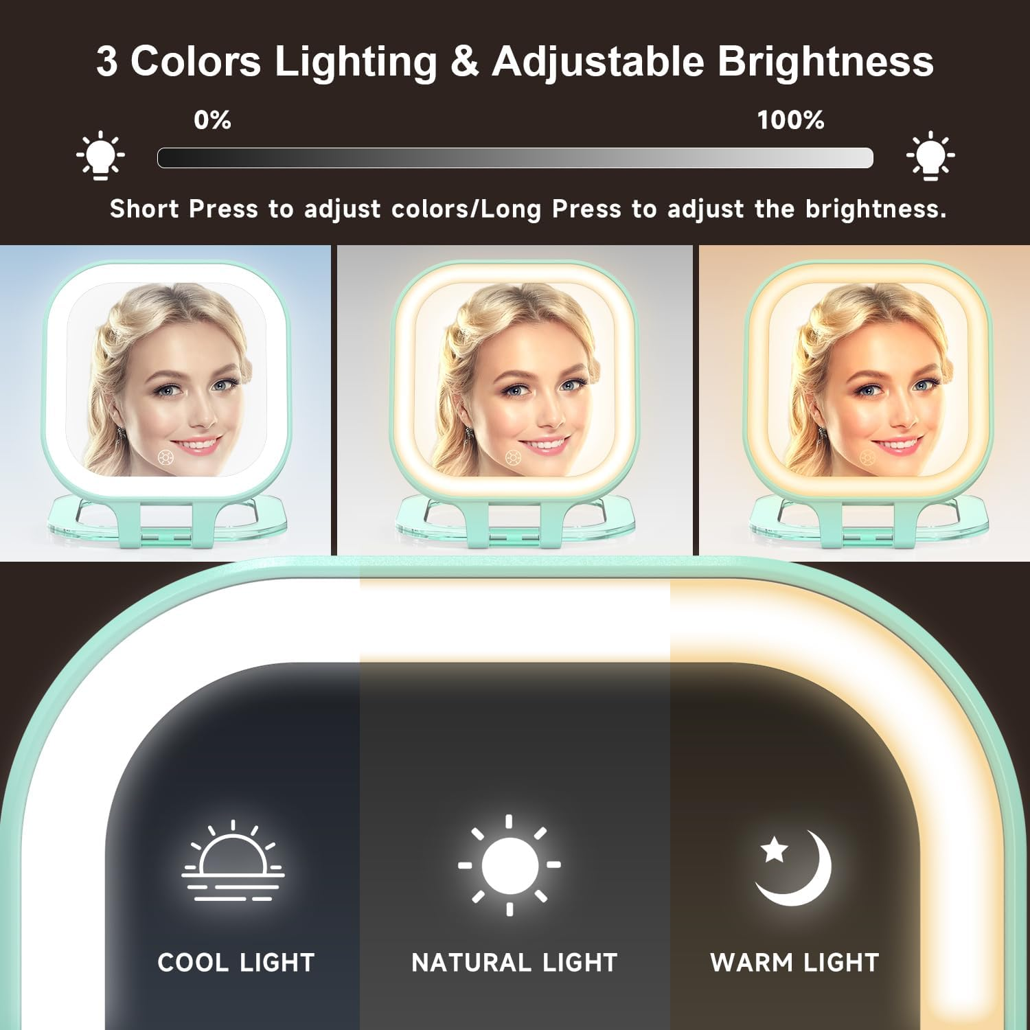 Mocado Compact Travel Makeup Mirror, 1X/30X Magnifying Mirror with Light, Double Sides Compact Mirror with 3 Color Light, Dimmable Handheld Mirror, Rechargeable Travel for Purse,Pocket(Green) image number 5