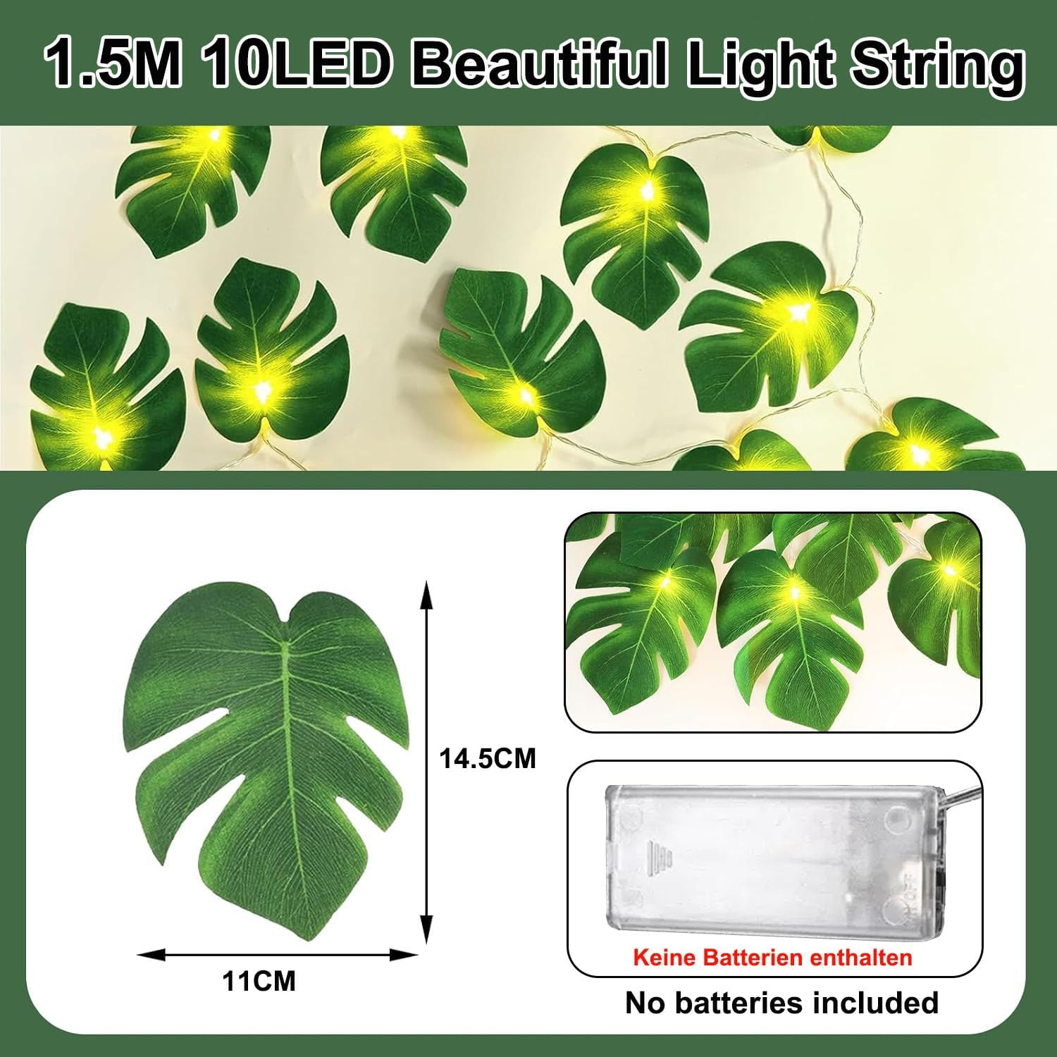 Foanlerck Fairy Lights Palm Leaves 1.5 M 10 LED Monstera Leaf Fairy Lights Battery Operated Tropical Artificial Rattan Palm Leaves for Room Beach Party Decoration image number 4