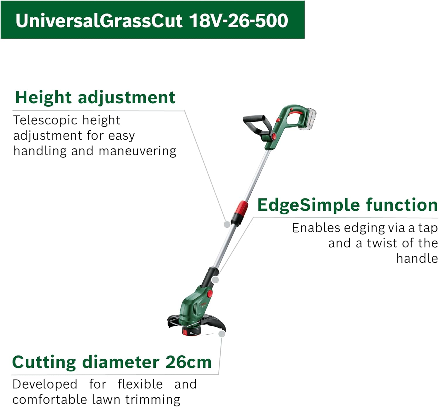 Bosch 18V Cordless Lawn Grass Line Trimmer Whipper Snipper without Battery, 26Cm, Telescopic Shaft, Edging Function (Universalgrasscut 18V-26-500) image number 6