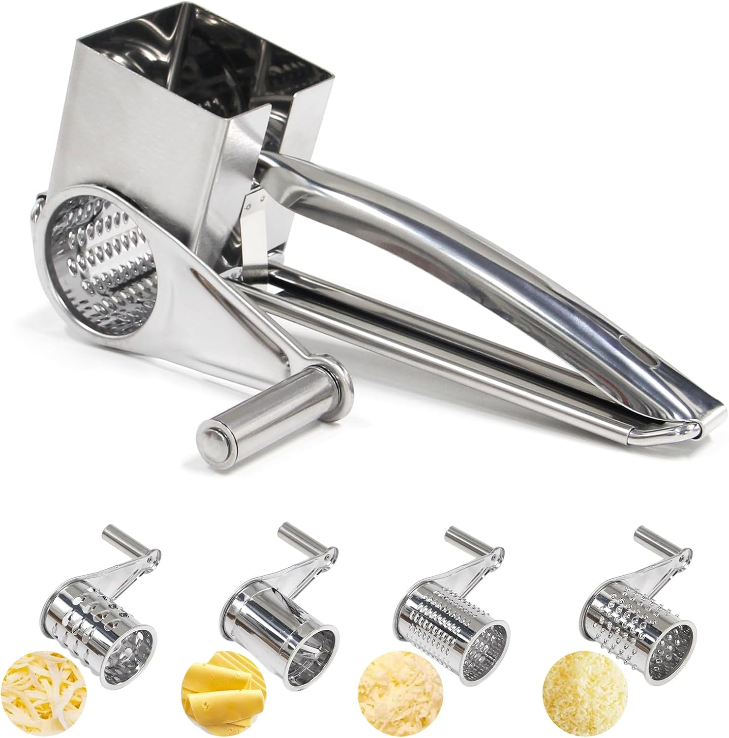Manual Rotary Cheese Grater with Handle with 4 Interchangeable Sharp Drum Blades Stainless Steel Handheld Cheese Shredder Easy to Clean and Use for Cheese Vegetable Chocolate Walnut Nuts image number 2