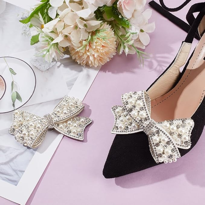 1 Pair Pearl Bow Shoe Clips Wedding Bow Shoe Buckles Bridal Removable Shoe Clips Bowknot Shoe Buckle Clothing Hair Decorations for Women Party Heels Flats Pumps Craft (White, One Size) image number 5