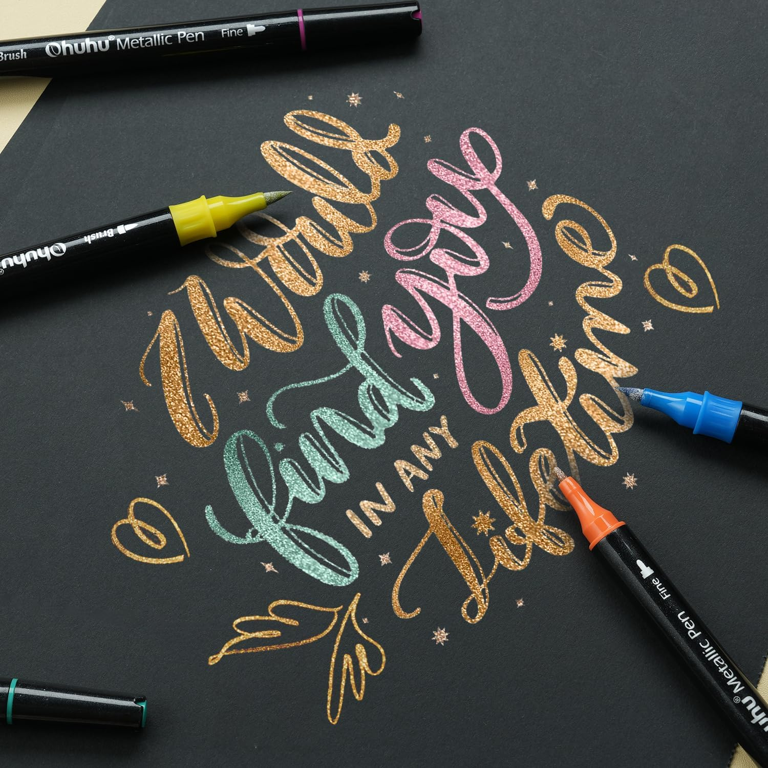 Ohuhu 24 Brush Metallic Markers, Dual Tip Glitter Pen, Acrylic Paint Pens with Brush and Fine Tips, Premium Window Marker for DIY Cards, Coloring Books, Scrapbook, Paint Rock Art, DIY Craft image number 1