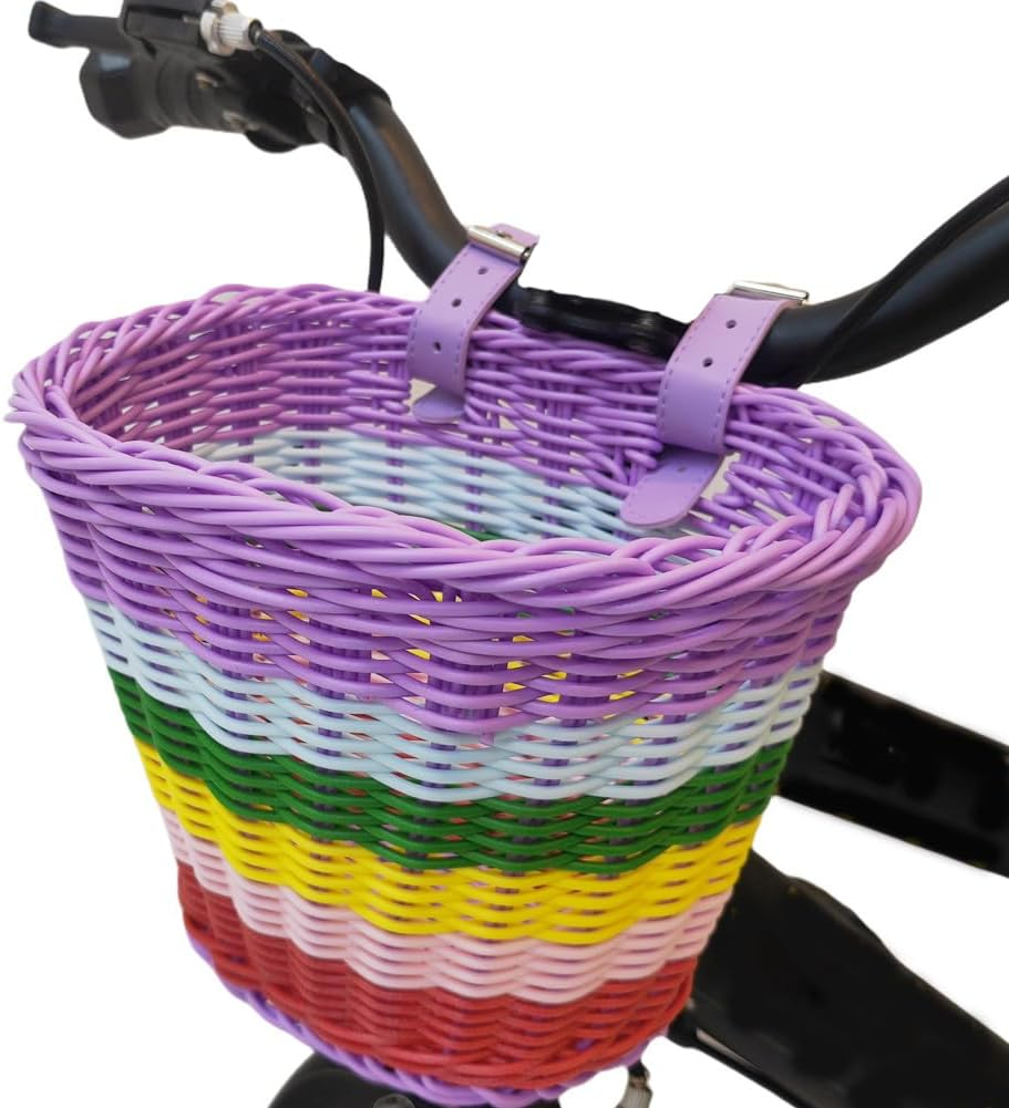 Kids Bike Basket, Front Bicycle Bike Baskets for Kids, Small Wicker Bike Basket for Boys and Girls, Small Wicker Basket for Bike, with 1Pc Bicycle Bell, and 1Pairs Ribbons Tassels image number 1