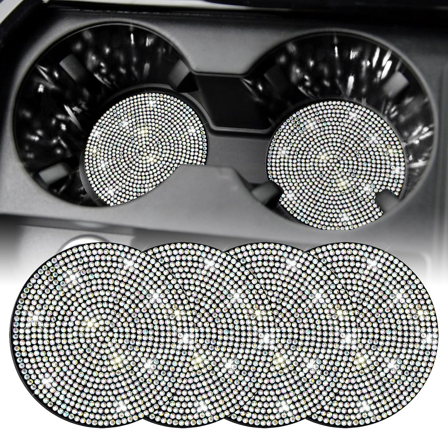 SINGARO Bling Cup Holder Coasters for Car, 2PCS Universal Non-Slip Cup Holder, Embedded Decorative Coasters, Shiny Crystal Car Interior Accessories Gifts for Women (Black)