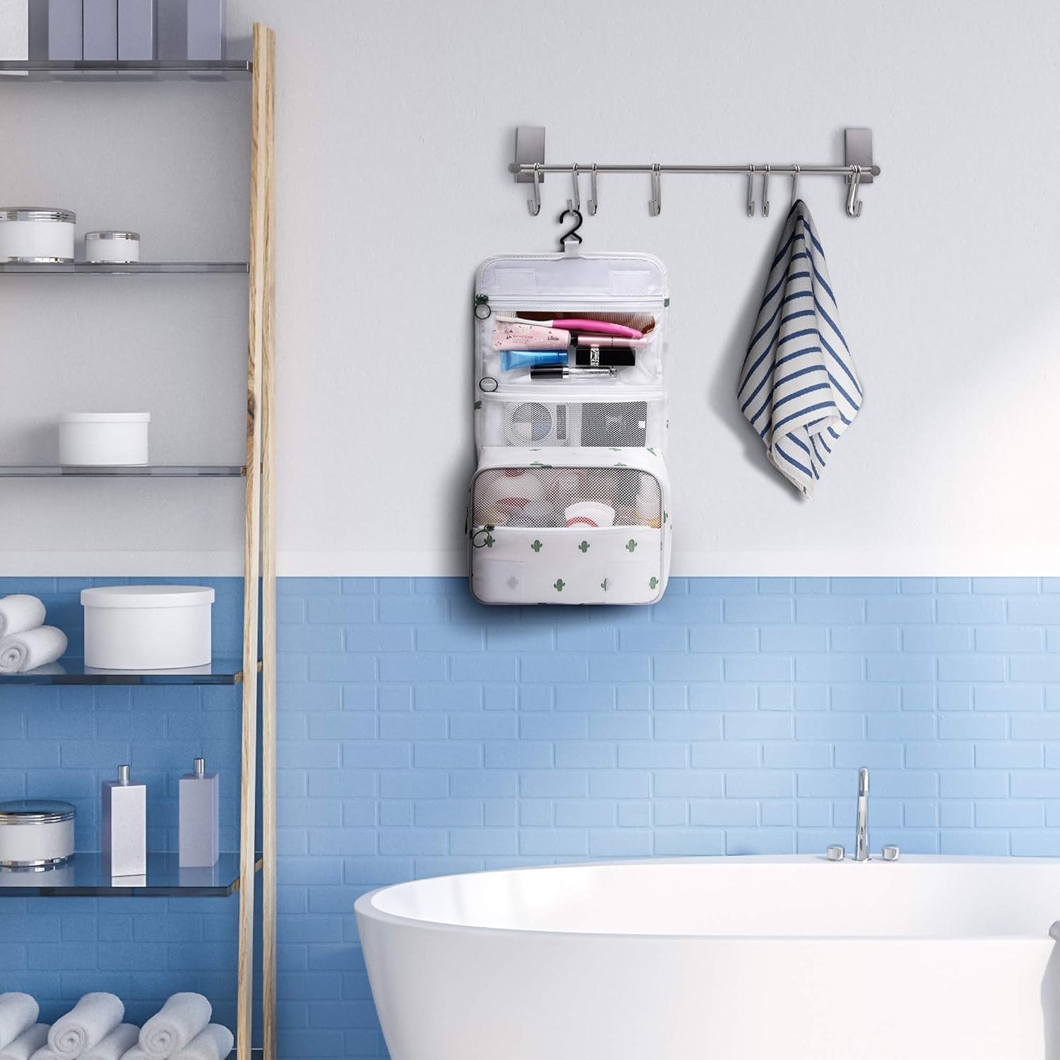 SELLYFELLY Hanging Toiletry Bag for Travel Cosmetic Makeup Organzier Waterproof Bathroom Shower Bag for Women and Men, Cactus - Gery image number 5