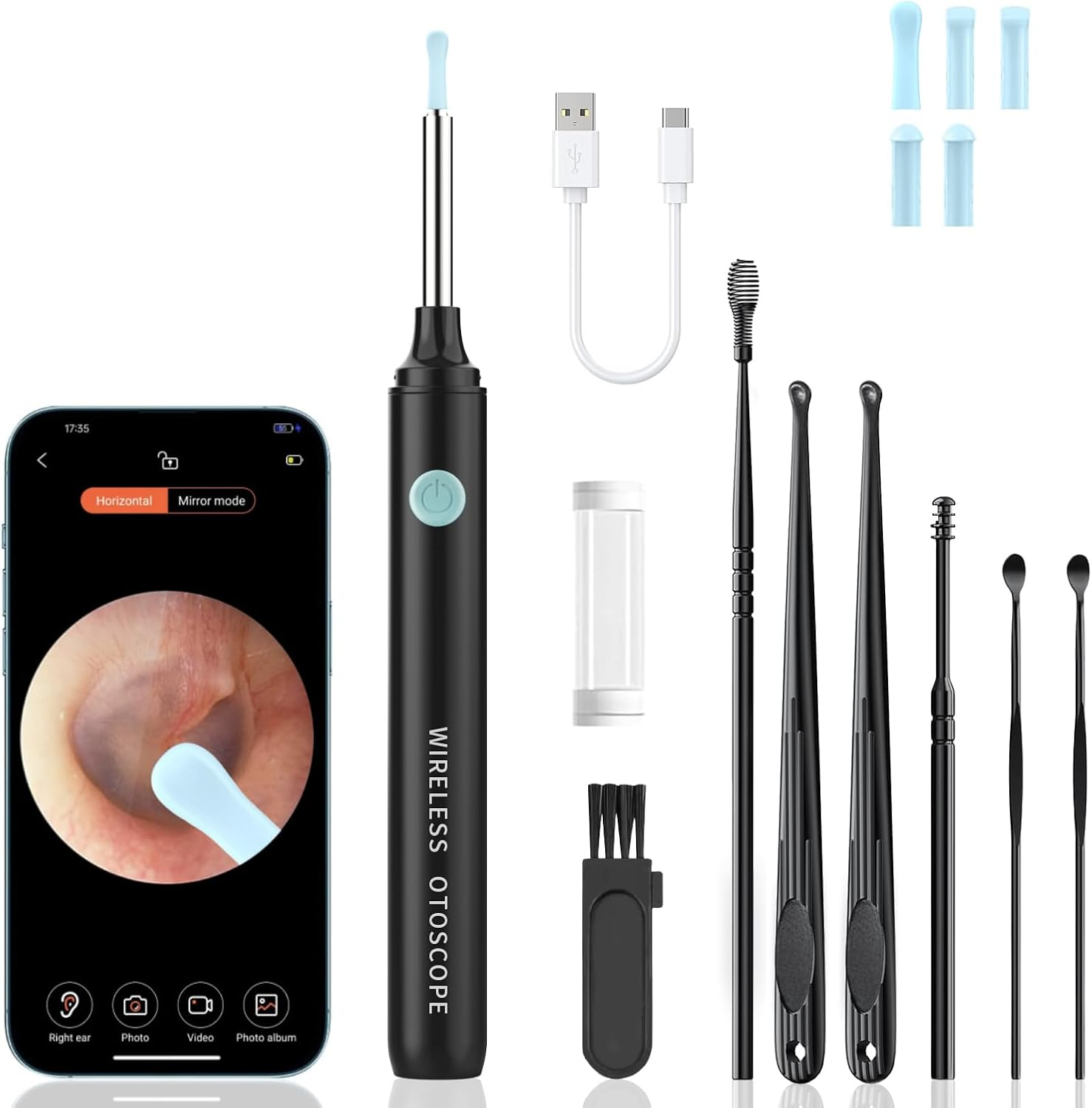 Ear Wax Removal Tool,Qimic Ear Cleaner with Camera,1080P Ear Wax Removal Camera with 6 LED Lights, Ear Camera with 6 Silicon Ear Spoon and Ear Pick Set,Wifi Otoscope for Ios & Android (Black) image number 1