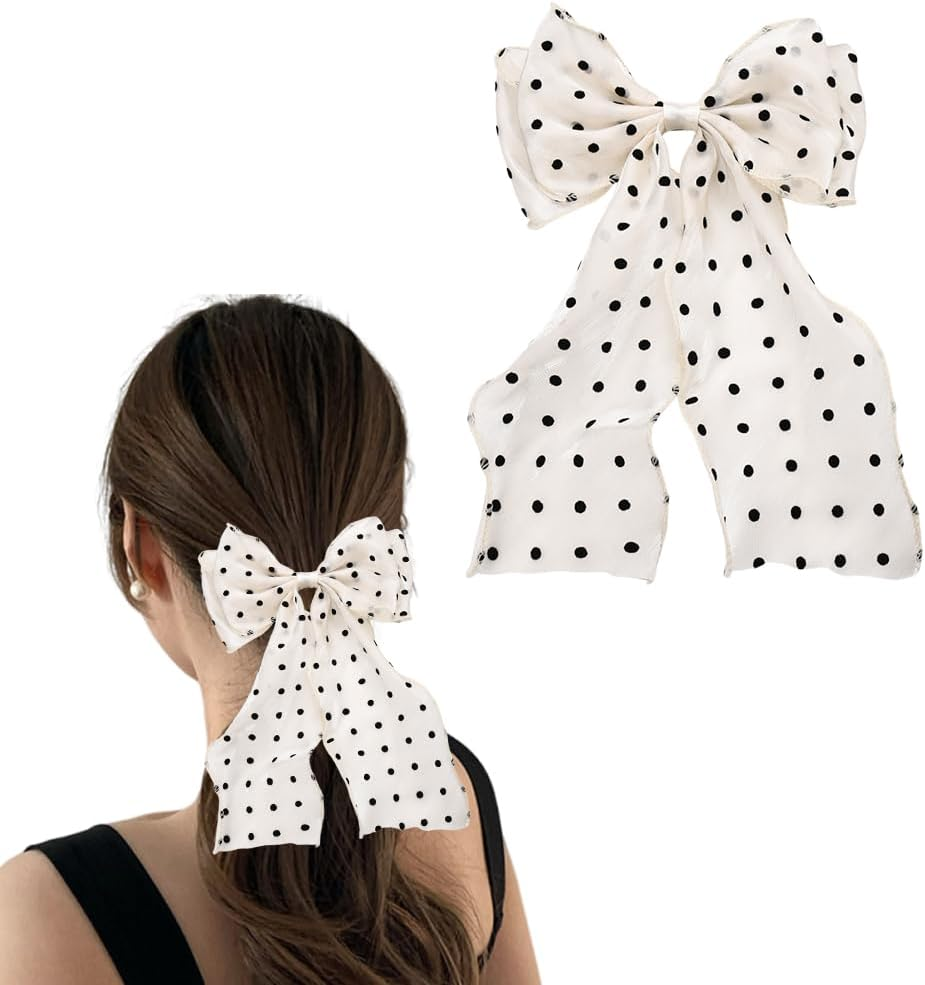 Hair Bow Clips for Women Girls French Barrette Hair Bows Polka Dot Hair Bow Tassel Ribbon Bowknot Hair Clips with Long Tail Vintage Hair Accessories for Women Mesh Bow Hair Clip image number 6