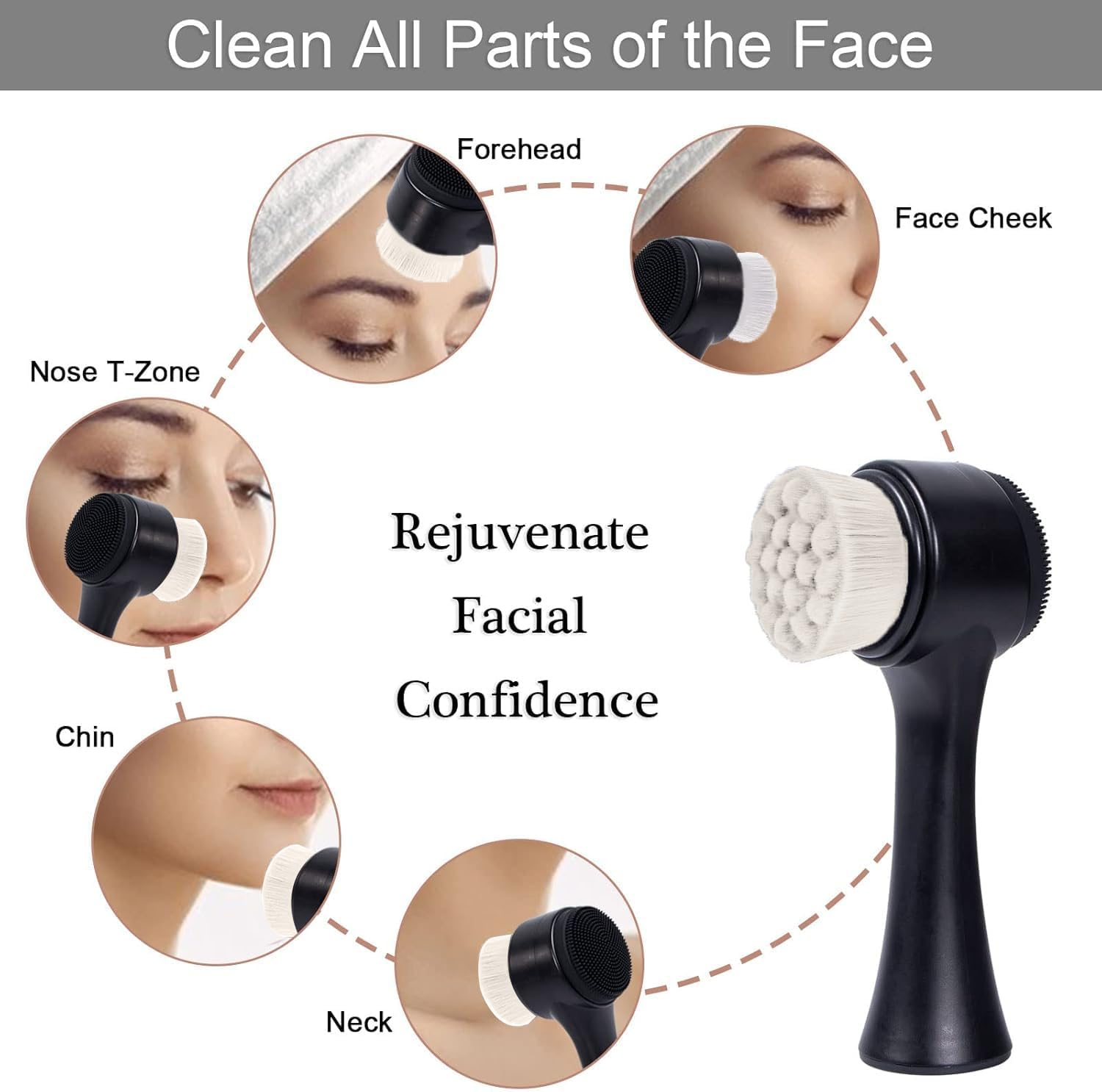 Facial Cleansing Brush 2 in 1, Face Exfoliating Pore Deep Cleansing Brush, Ultra Fine Soft Bristle Dual Face Wash Brush, Silicone Face Scrubber for Skincare (Black, One Size)