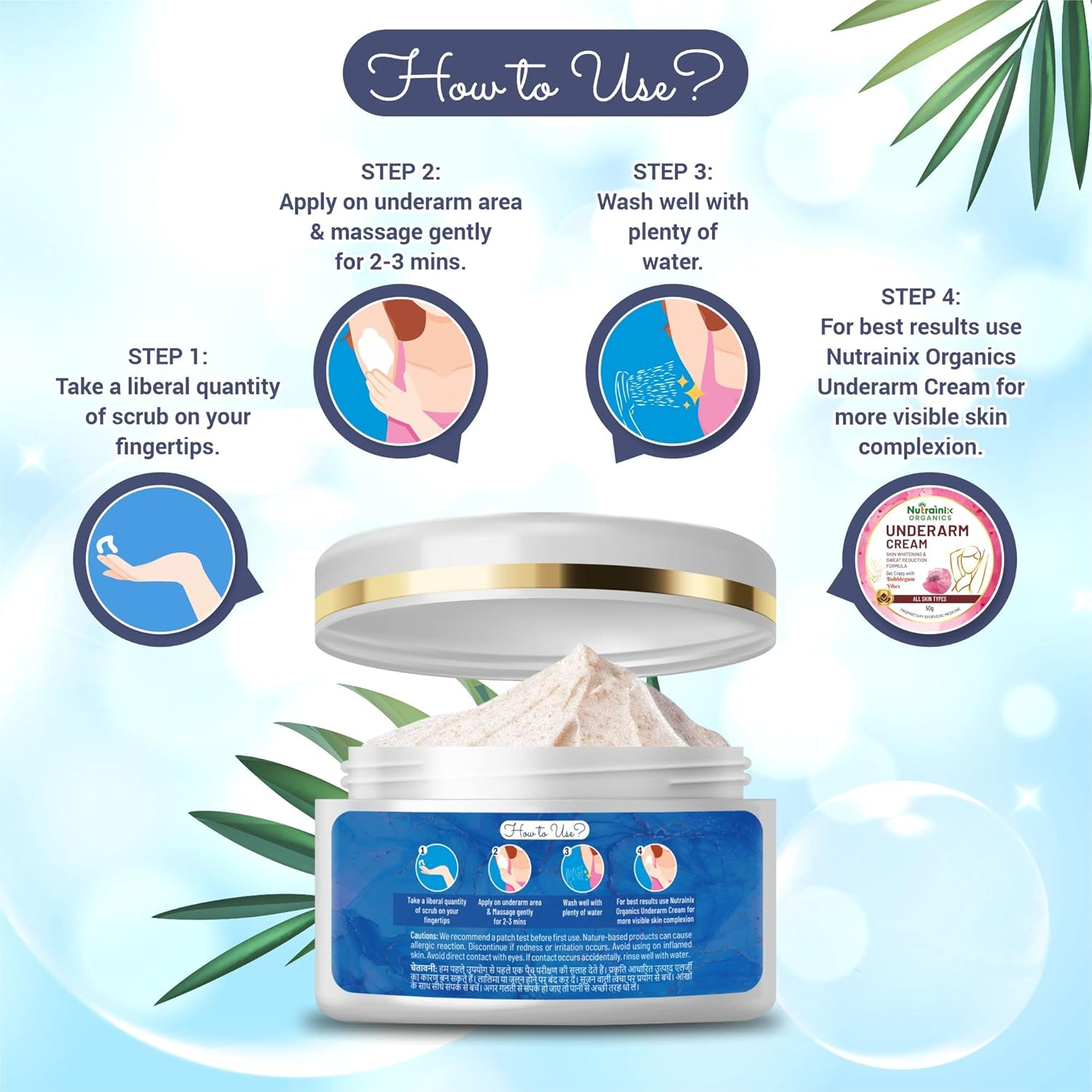 Nutrainix Organics Underarm Scrub for Bikini Area, Neck, Hip, Thigh, Intimate Area, Elbow | Intense Dark Spot Removal | Keep Your Underarms Clean and Remove Tanning - Suitable for All Skin Types - 50G image number 6