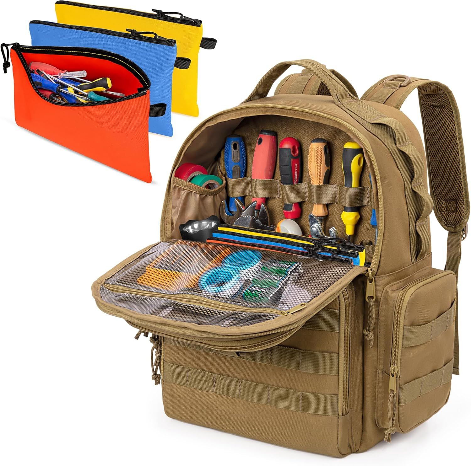 Rexmica Tool Backpack for Men with 3 Small Tool Pockets Organizer Bag for Tool Storage, Tactical Work Tool Bag for Electricians, Craftsmen, Black