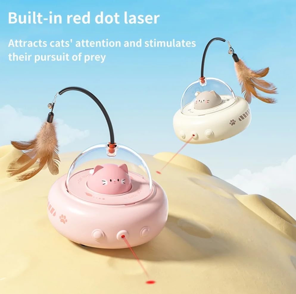 UFO Mia Rechargeable 2‑In‑1 Cat & Kitten Gift Toy with Laser & Feather Wand, Motion‑Activated Random 360&deg; Movement & Auto Sleep Mode &ndash; Interactive Indoor Cat Toy (Beige)