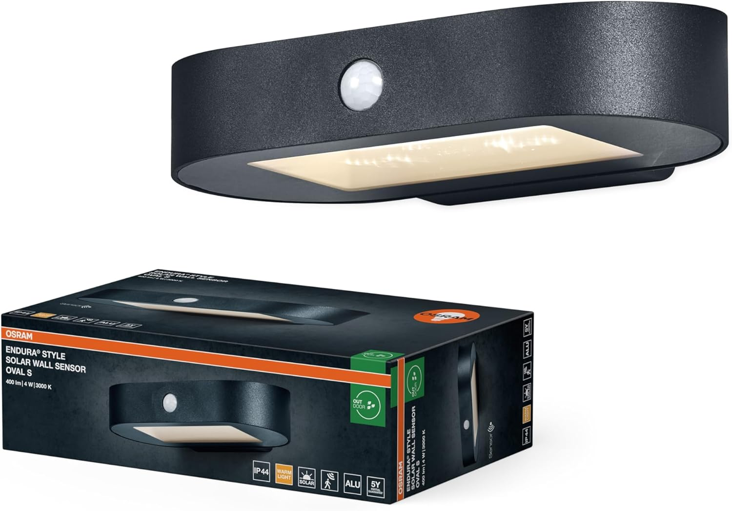 OSRAM Endura Style Small Oval Solar Wall Light, Warm White Light (3000 K), Integrated Sensor, Can Be Used without Power, Long Runtime: 30 Times 60 Seconds in PIR Mode, Protection Class IP44, Black image number 5