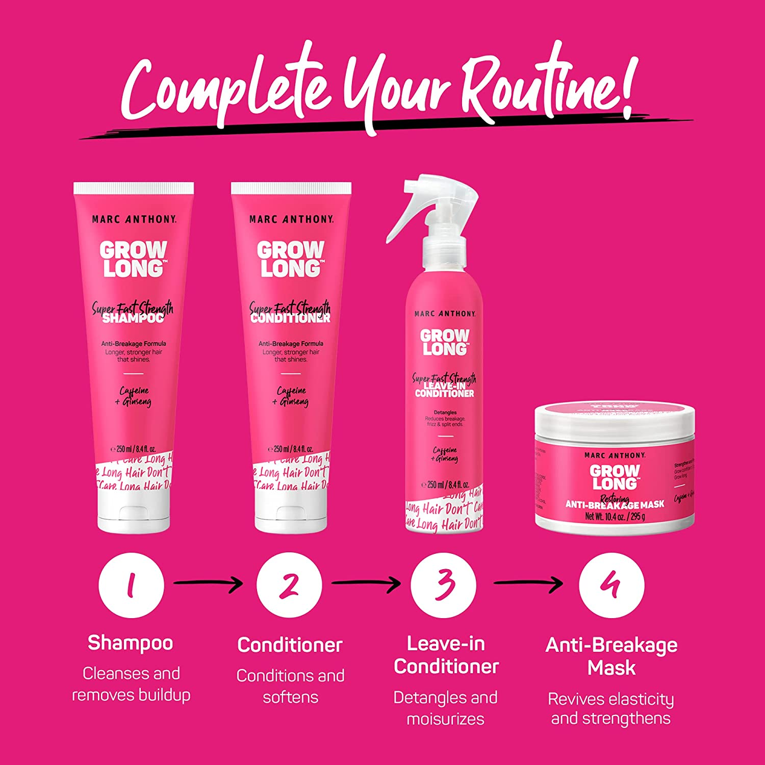 (Shampoo + Conditioner) - Marc Anthony Grow Long Biotin Shampoo and Conditioner Gift Set, Vitamin E and Caffeine, Sulphate Free, Colour Safe Curly Hair & Dorm Room Essential for Women, Basic, 497Ml image number 4