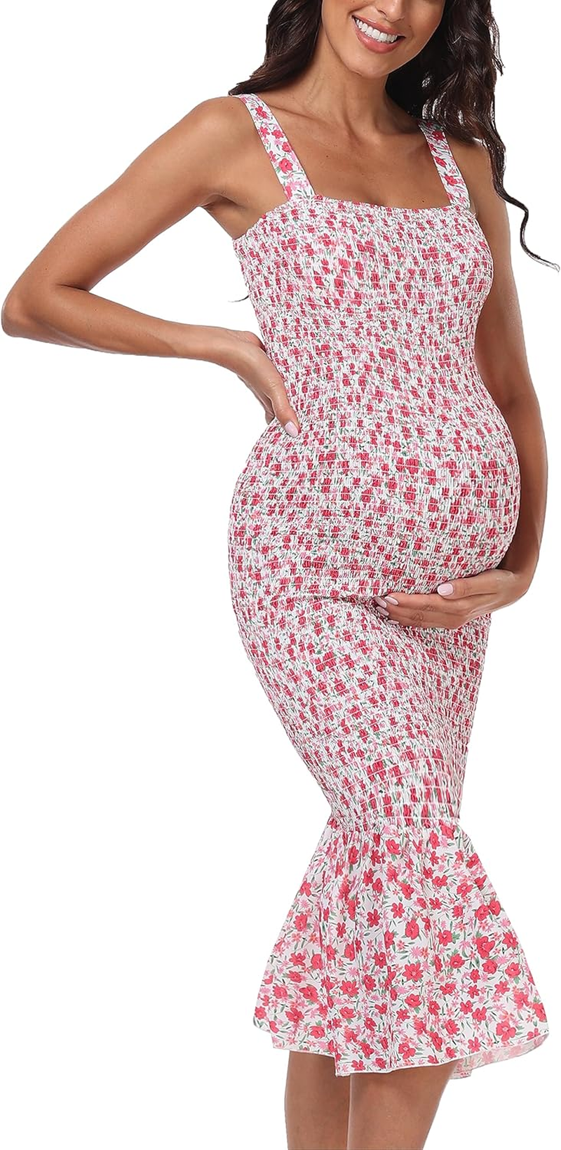 Summer Floral Midi Tank Maternity Dress, Sleeveless Strappy Ruffle Hem Smocked Bodycon Baby Shower Dresses image number 5