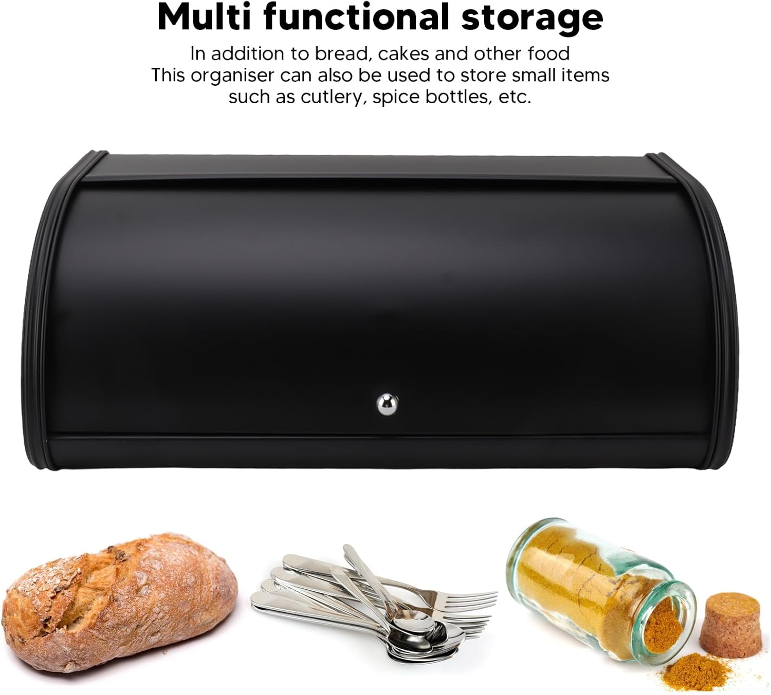 Ayayu Modern Industrial Minimalistic Black Metal Bread Box, Rectangular, 43.5 Cm (L) X 18 Cm (W) X 27 Cm (H), Roll up Lid, Bread Bin image number 4